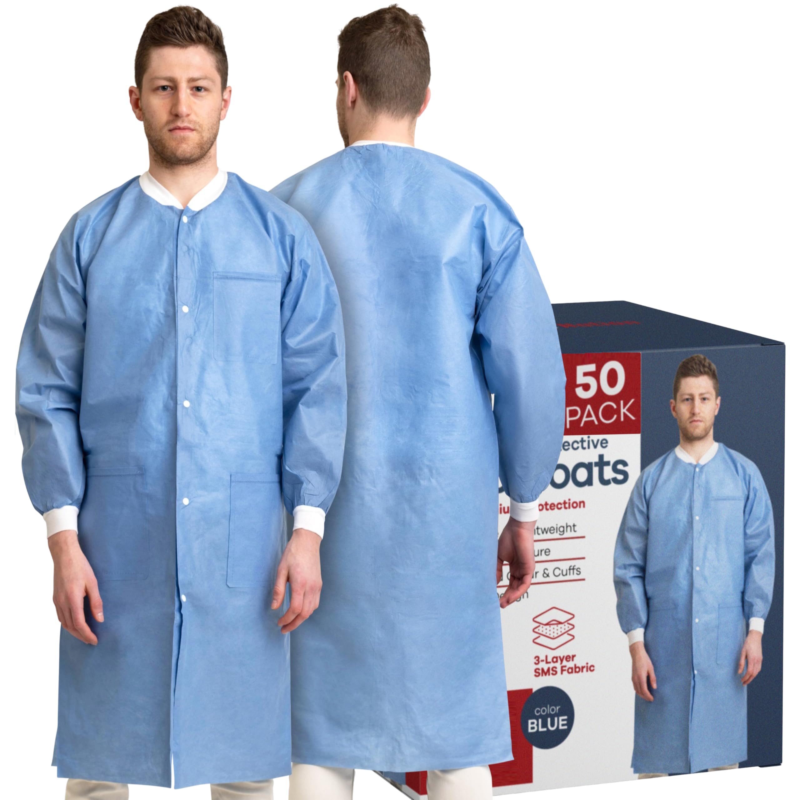 Medical Nation Disposable Lab Coats | 10 Pack - 50 Pack | Lab Coats for Adults with Knit Cuffs and Pockets (Size Small - 5XL)