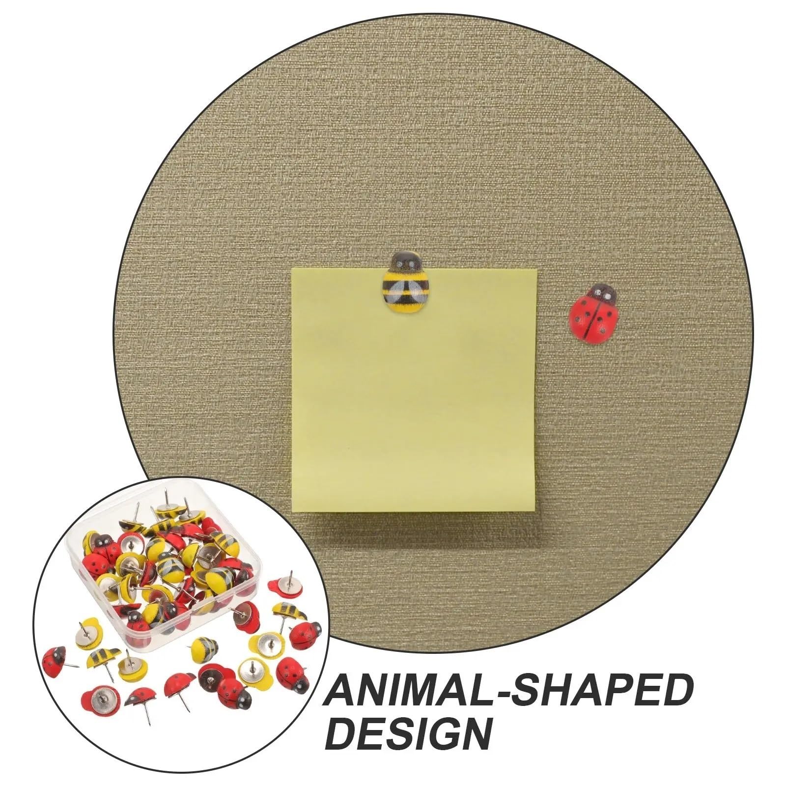 100 chinchetas de madera con diseño de mariquita de abeja para oficina, hogar, dibujos animados, accesorios de escritorio con forma de animal, para tablón de anuncios, tablero de corcho y mapa