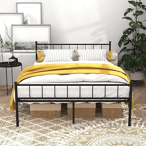 Marco de cama con plataforma de metal tamaño Queen, estilo vintage victoriano, cabecera de hierro forjado, listones de acero, no necesita somier