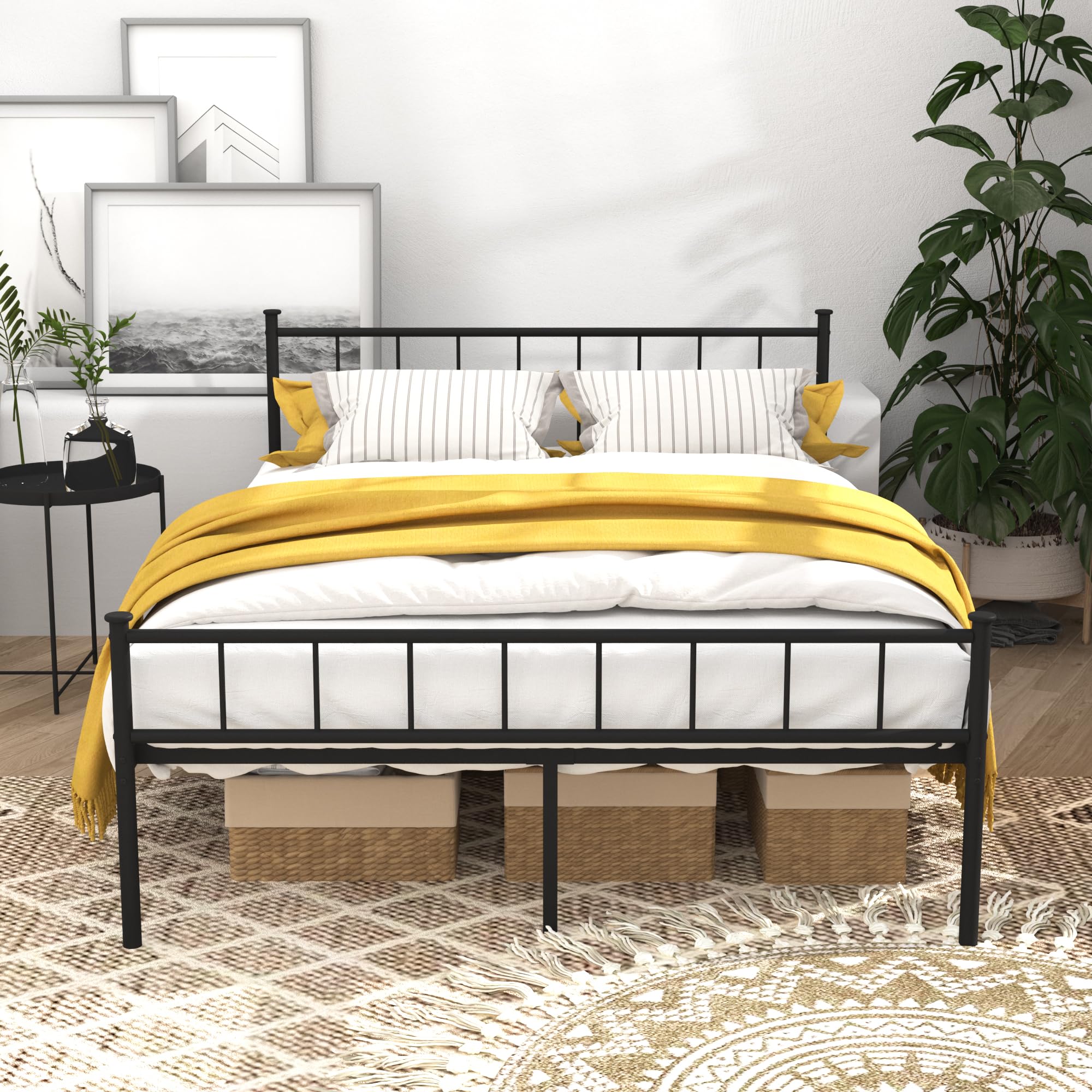 LUBEDCY Queen Metal Platform Bed Frame, Victorian Vintage Style, Wrought Iron Headboard, Steel Slats, No Box Spring Needed (Black, Full)