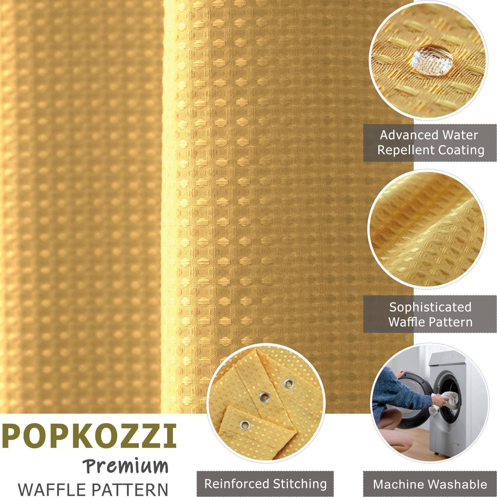 Popkozzi Yellow Gold Long Shower Curtain: 78 Inch Long Waffle Weave Heavy Duty Fabric Shower Curtains for Bathroom - Image 2