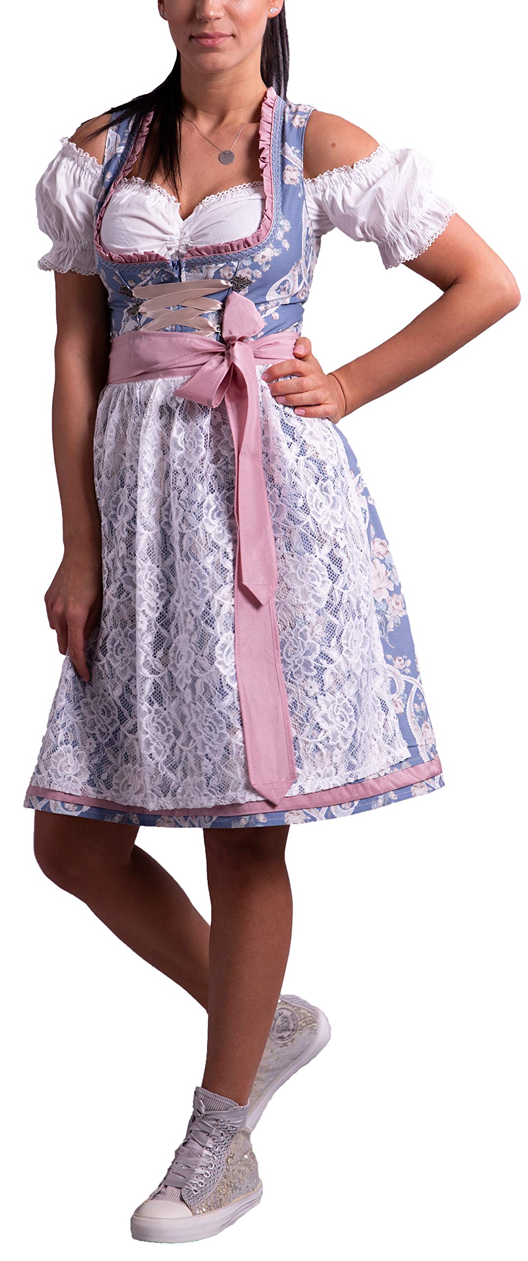 Kleid Dirndl Damen 3 TLG, Midi für Oktoberfest, mit Schürze und Bluse Fernblau geblümt 536GT