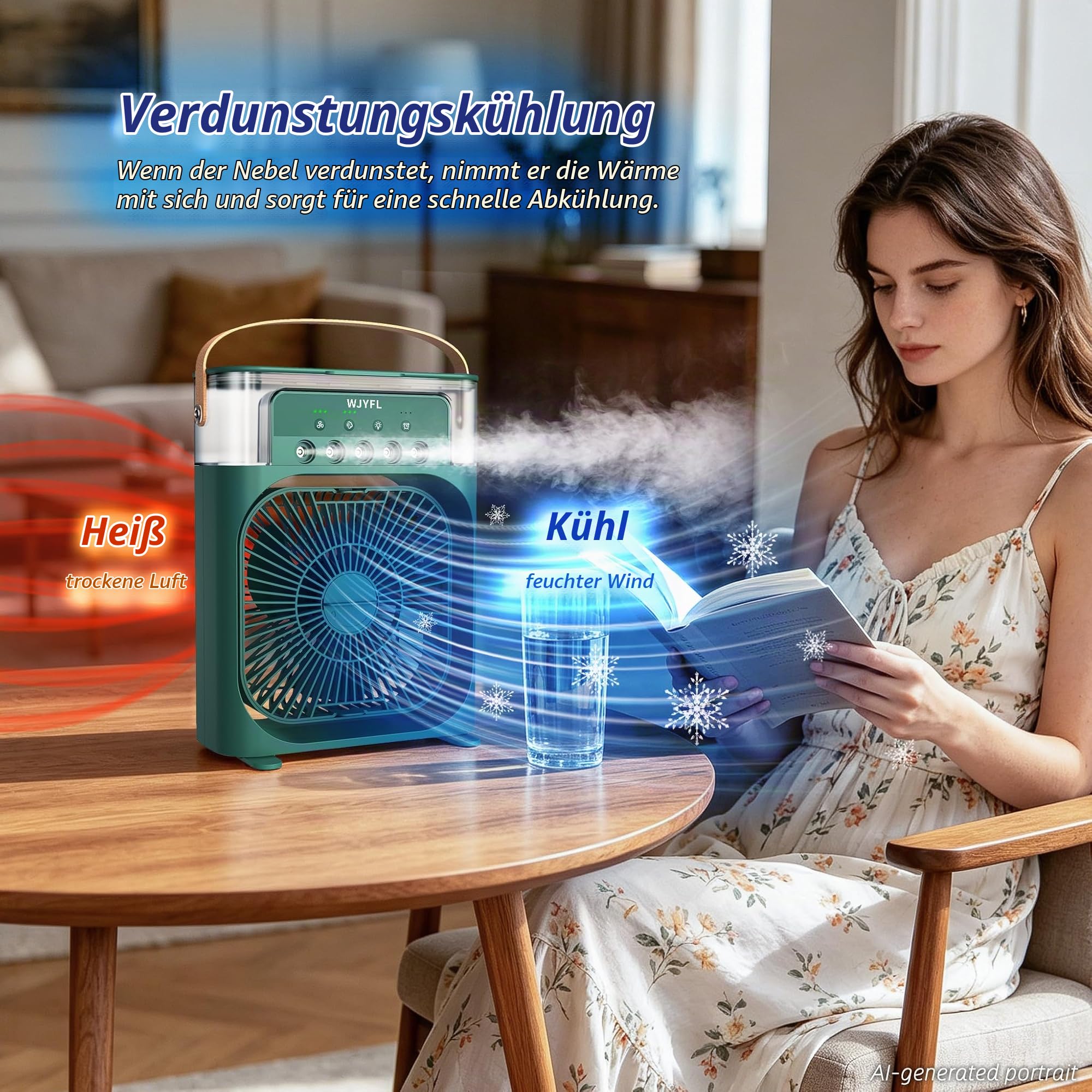 Mini Luftkühler mit 5 Sprühdüsen, 3 Sprühstufen und 600-ml-Wassertank | USB-betriebener Tischventilator mit 3 Windstufen, 1/2/3-Std.-Timer und 7-Farben-LED-Effekt für Büro und Schreibtisch