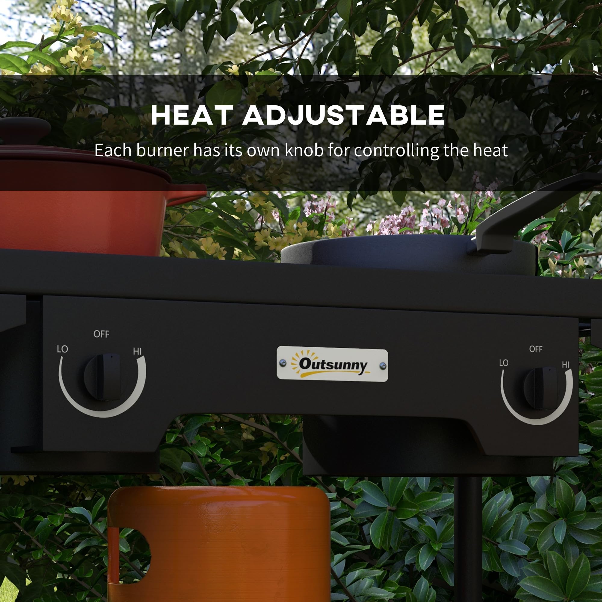 Outsunny stufa a gas portatile a 2 fuochi 150.000 BTU/h con 2 piedini rimovibili per uso esterno, campeggio, in metallo fuso, dim. 79L x 40L x 73H cm