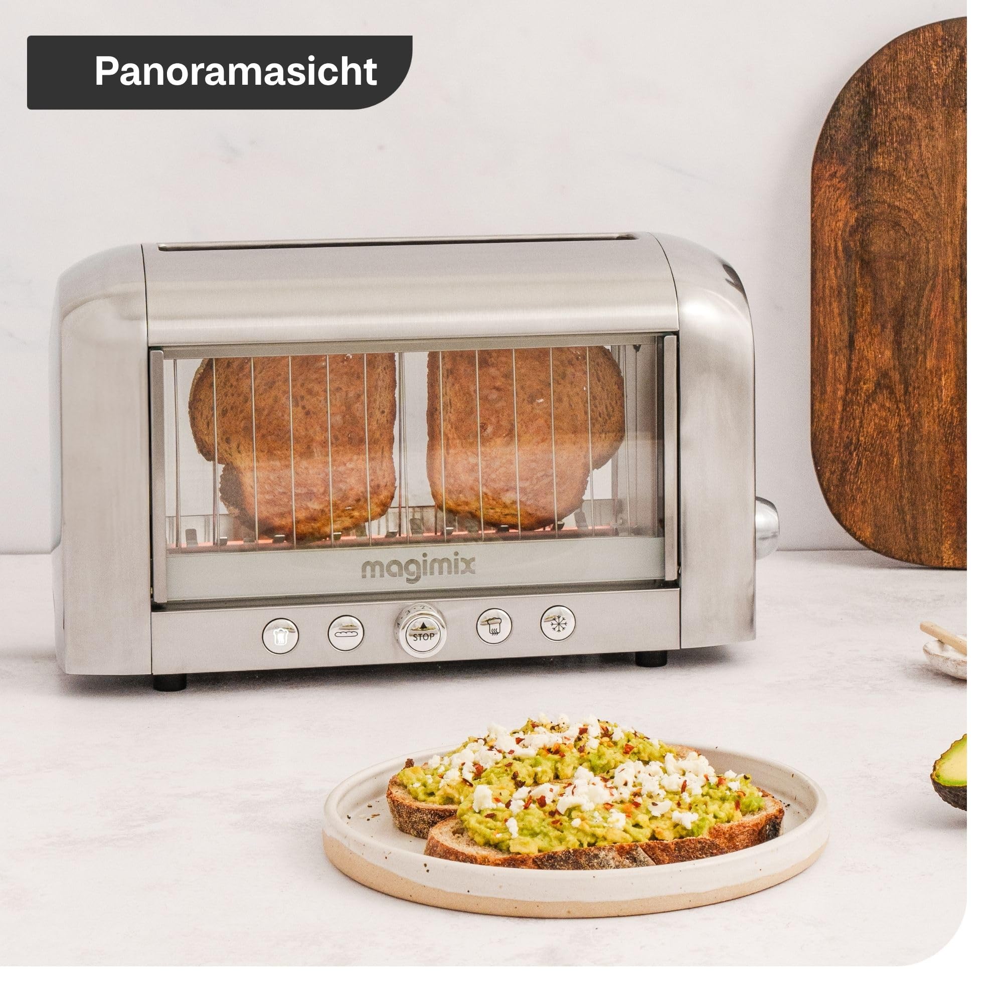 magimix Toaster – Vision - Design-Toaster mit Glasfenster, 2 Scheiben, Auftau- & Aufwärmfunktion, extra breite Schlitze, Krümelschublade, 1450W, Schwarz/Edelstahl