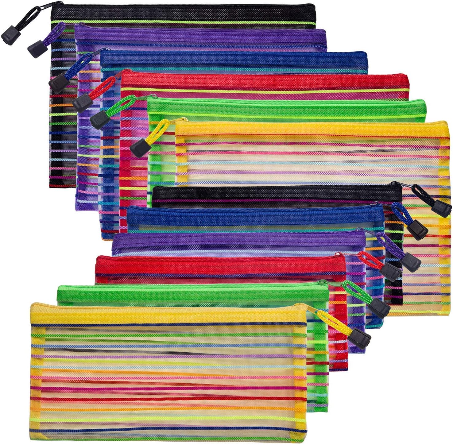 12 Packs Mesh Zipper Pouch, 2 Size Plastic Pencil Pouch Case Multipurpose Travel Bags for Office Supplies Cosmetics Travel Accessories Zipper File Bags, 6 Colors