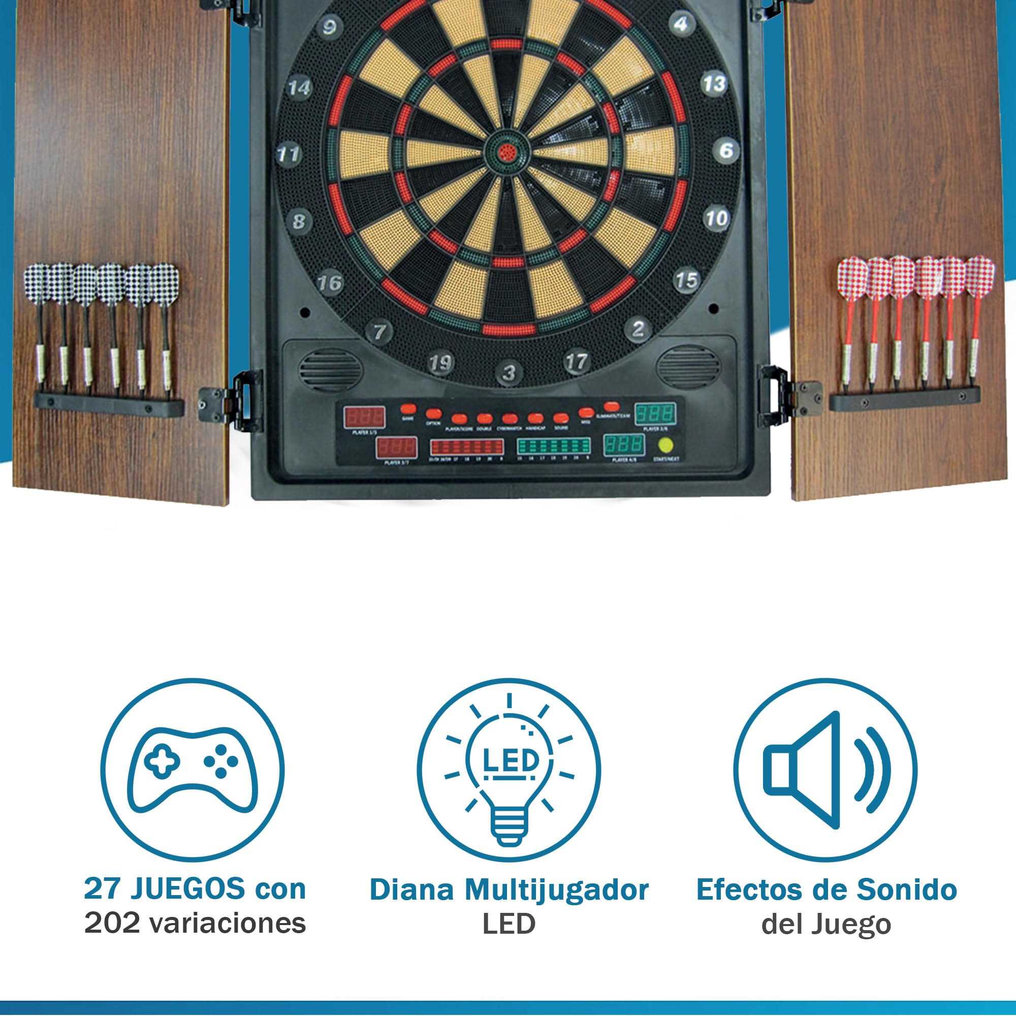 Diana Electrónica Eros | Diana con Puertas de Madera y Pantalla LED | 27 Juegos y 202 Variaciones | Multijugador hasta 8 Jugadores | Incluye 12 Dardos y Adaptador