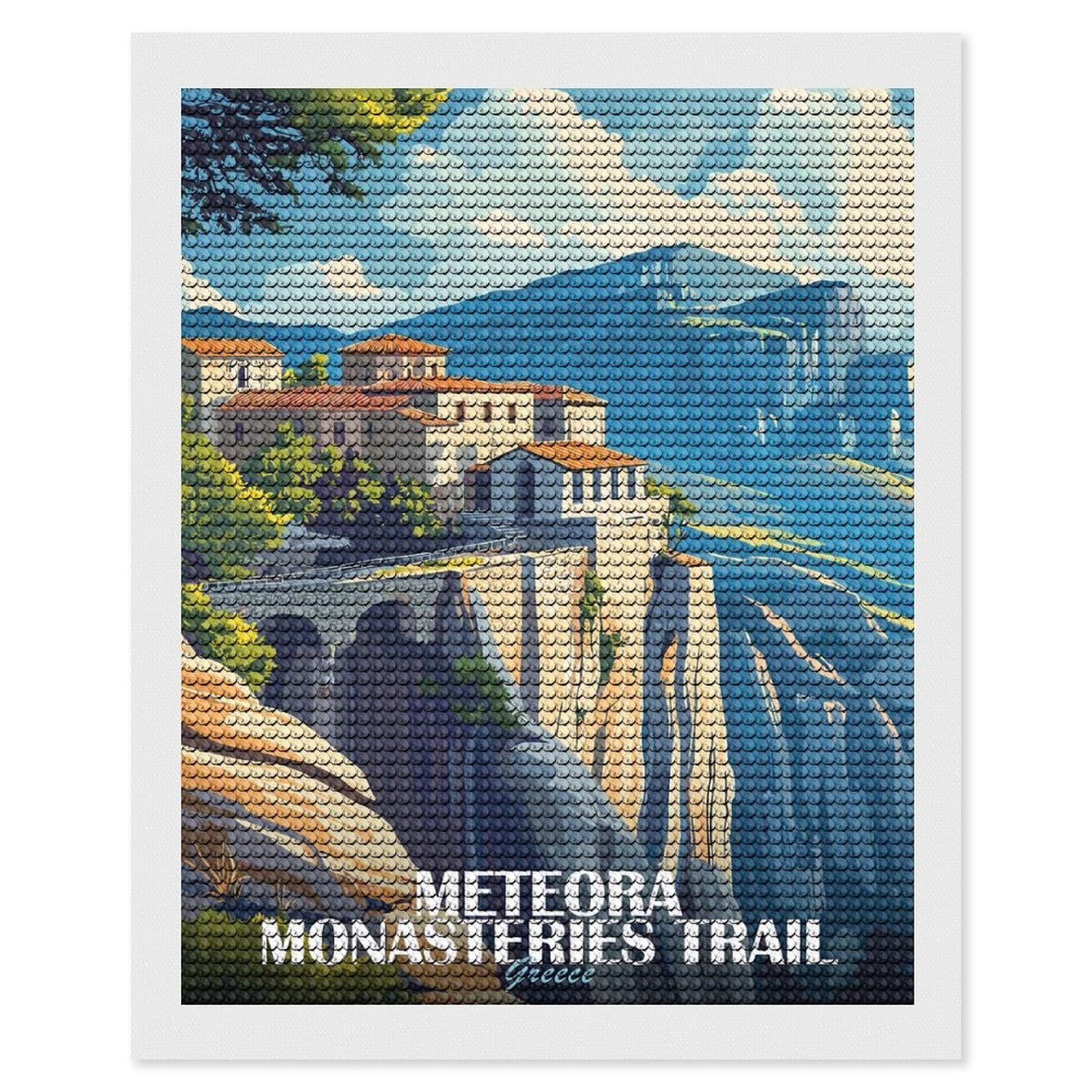Junmoney Meteora Monasteries Trail Greece Illustration Round Drill Diamond Painting 16"x20", Satisfying Creative Project, Complete Accessories, Printed Canvas