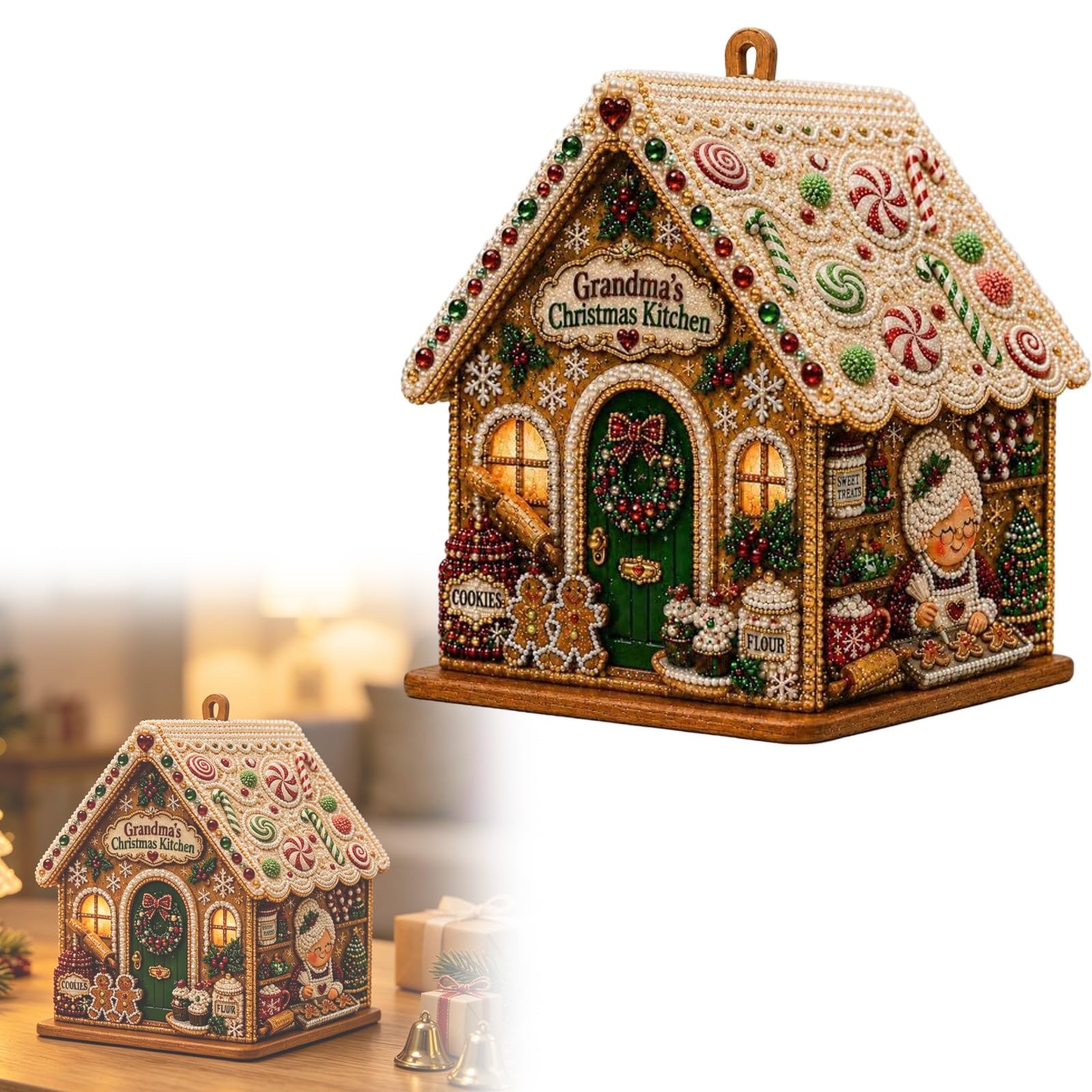 Christmas Wooden House Pearl Art, 3D Rhinestone Diamond Art DIY Kit