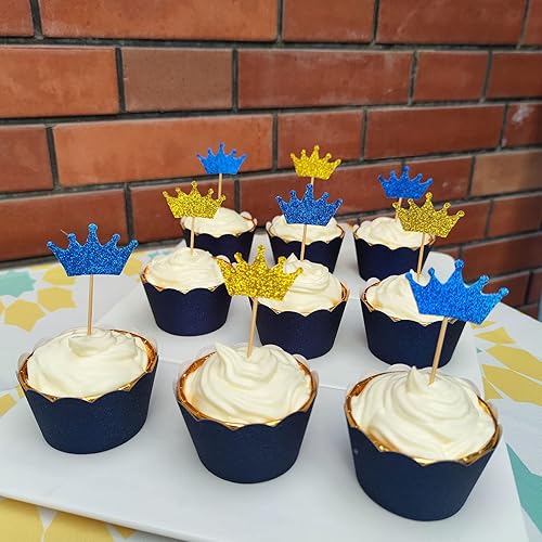 Miniatura 6 de Mybbshower Confeti de corona de purpurina dorada azul real para decoración de cumpleaños de príncipe para baby shower de 1 45 pulgadas, paquete