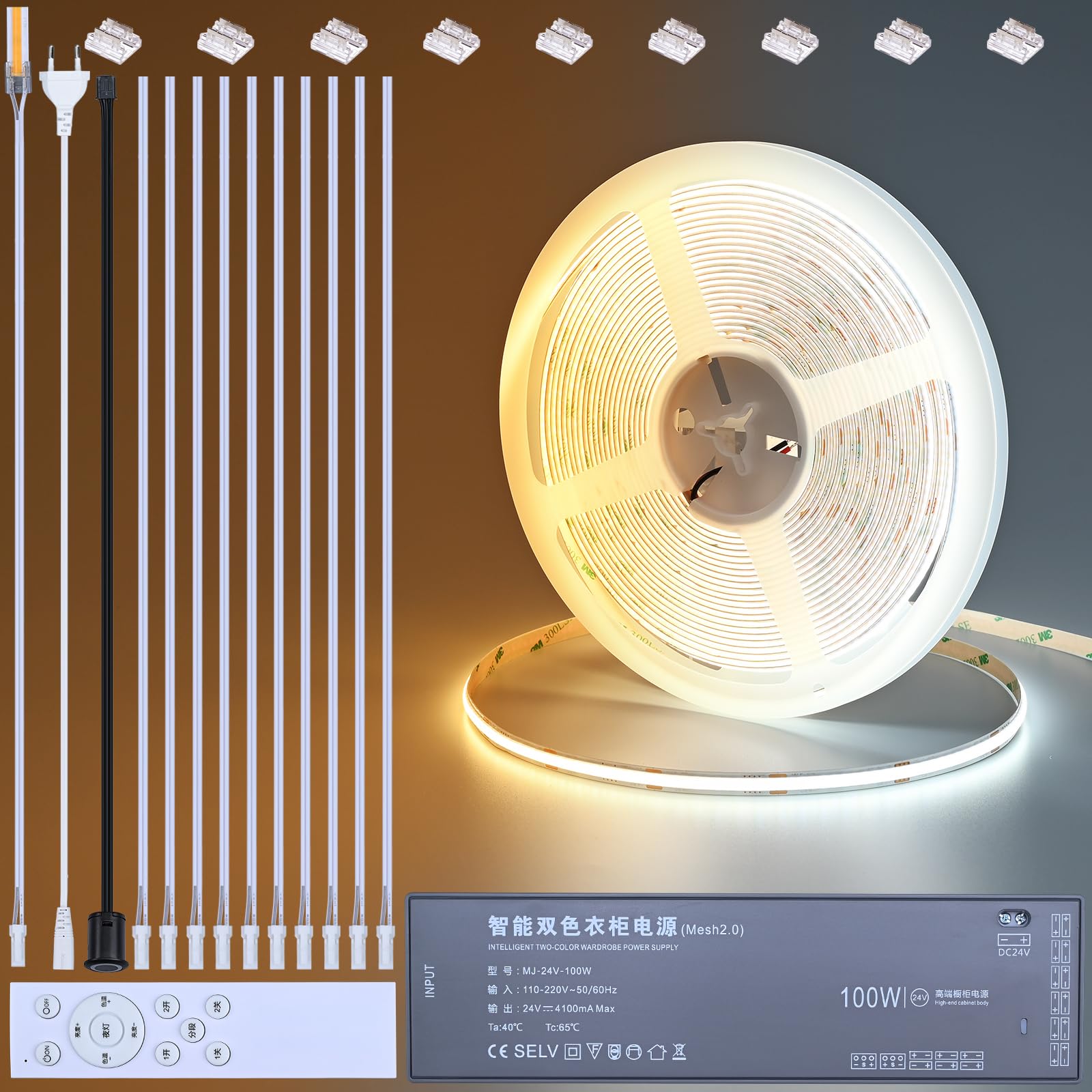 BENLUN Striscia LED COB CCT Sottopensile Cucina 24V 10 Metri, 2700K-6500K Bianca Strisce LED Dimmerabile, Tagliabile CRI 93 8,5W/M con Dimmer e Alimentazione per Camera da Letto, Stanza