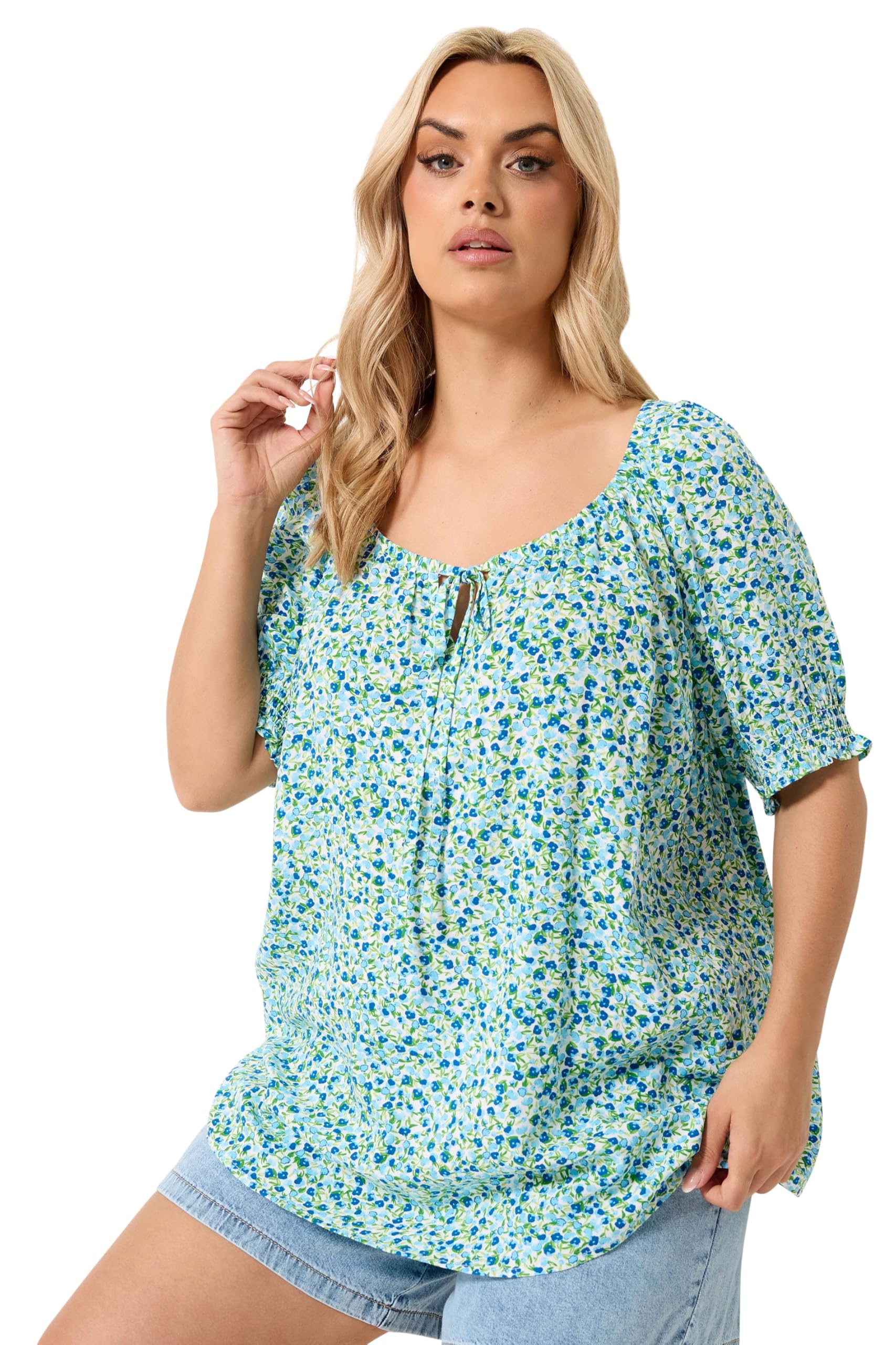 Yours Women's Light Blue Curve Blue Ditsy Floral Tie Neck Top - Plus Size Curve