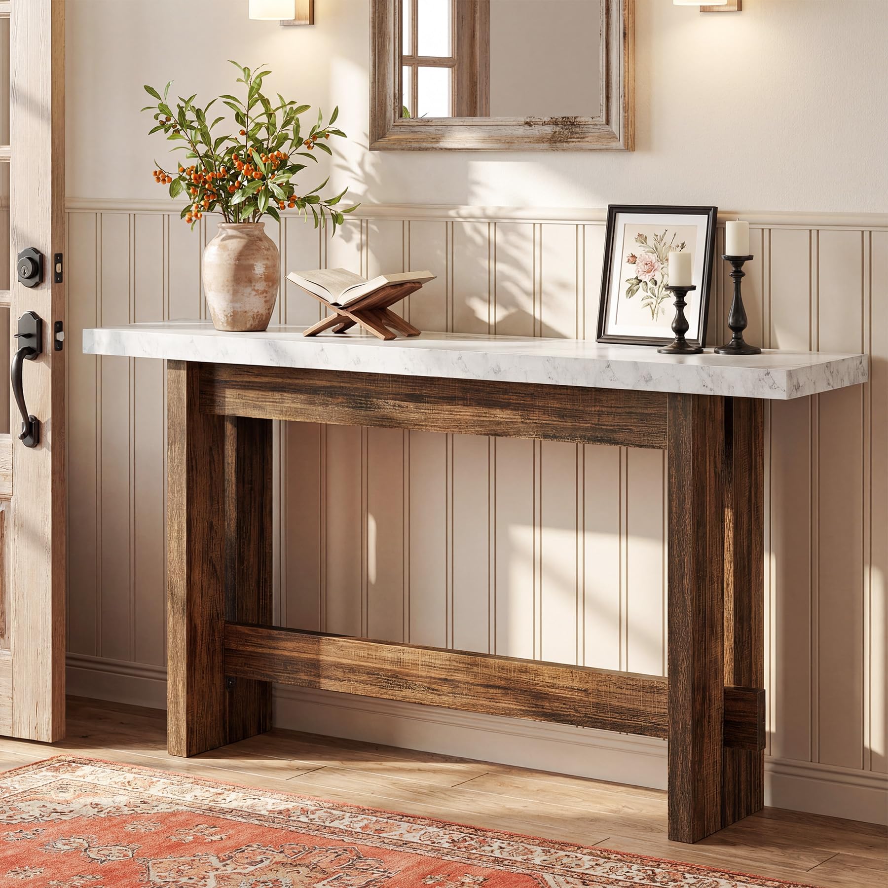 Tribesigns 160cm Legno Tavolo Consolle, Tavolo da ingresso Stile Fattoria con Piano Finto Marmo, Tavolo lungo e Stretto Dietro il Divano per Entryway, Corridoio, Soggiorno, Ingresso