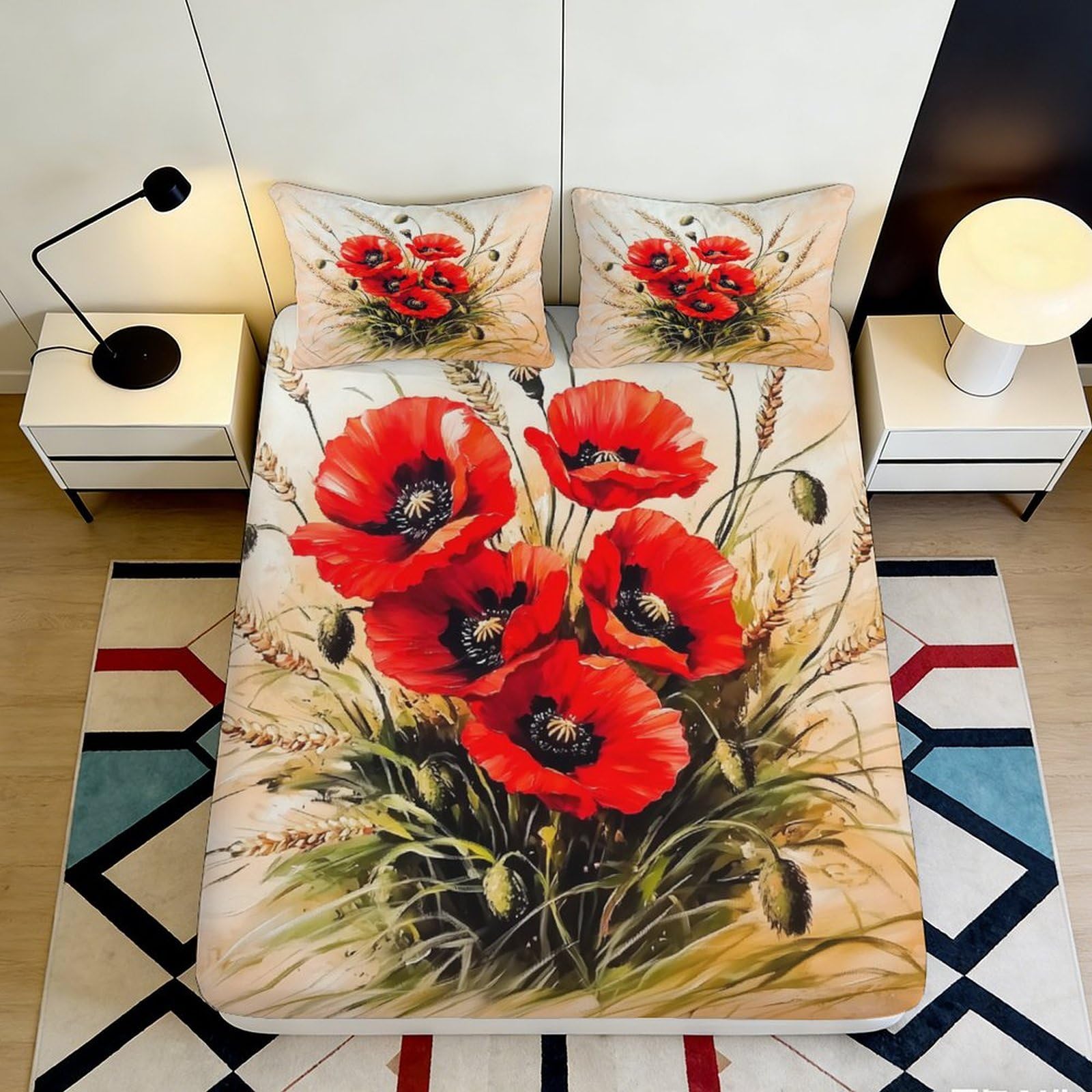 3D Printed Poppy Flower Fitted Sheet Microfiber Red Botanical Wheat Bed Cover for Bedroom Guest Room Dorm Mattress Decor 120x200x25cm