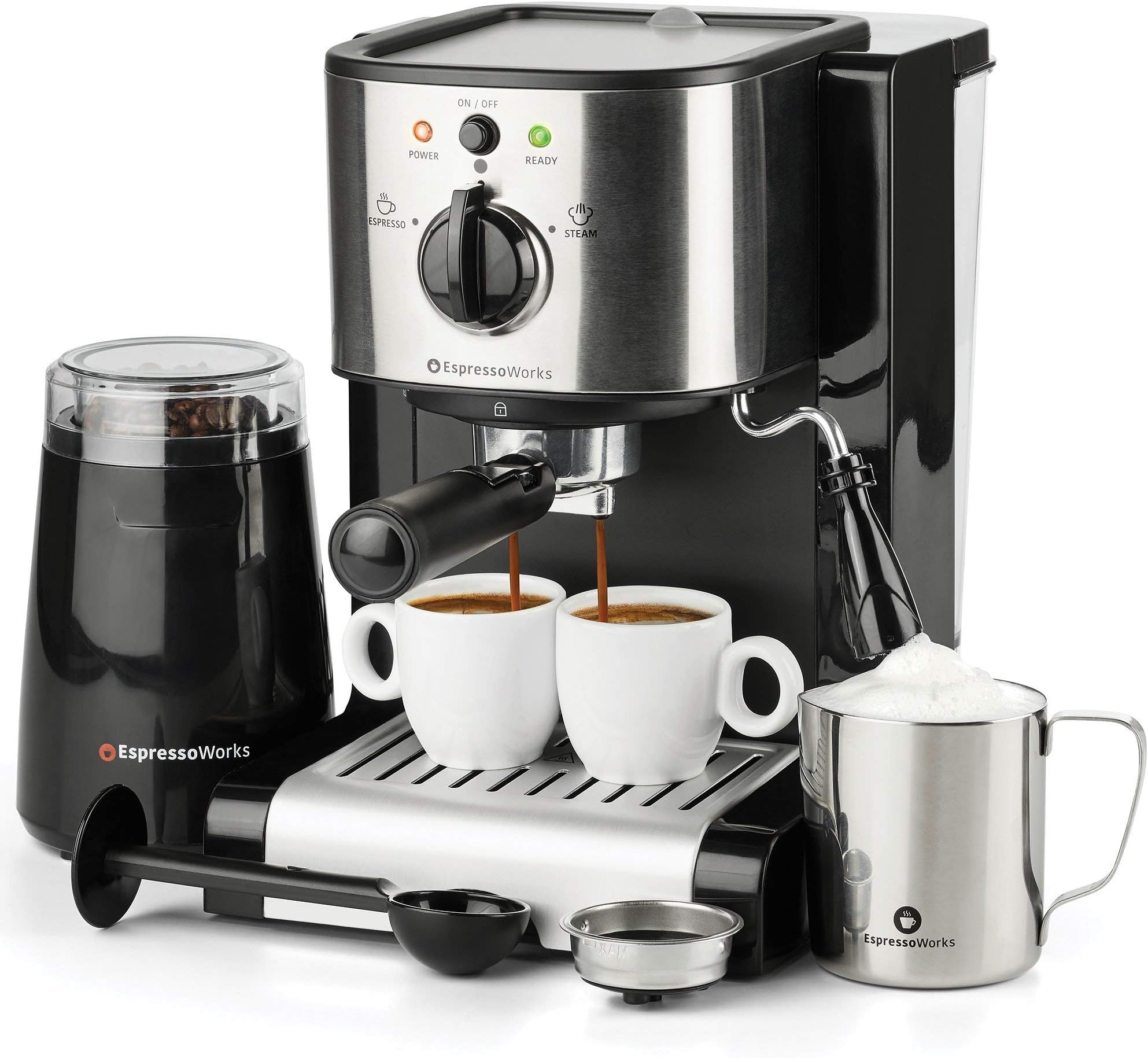 7 Pc All-in-One Espresso & Cappuccino Maker Machine Barista Bundle Set w/Built-in Steam Wand (Inc: Coffee Bean Grinder, Portafilter, Frothing Cup, Spoon w/Tamper & 2 Cups) (Black)