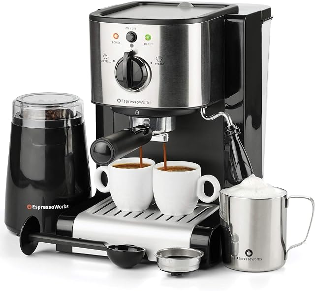 7 Pc All-in-One Espresso & Cappuccino Maker Machine Barista Bundle Set w/Built-in Steam Wand (Inc: Coffee Bean Grinder, Portafilter, Frothing Cup, Spoon w/Tamper & 2 Cups) (Black)