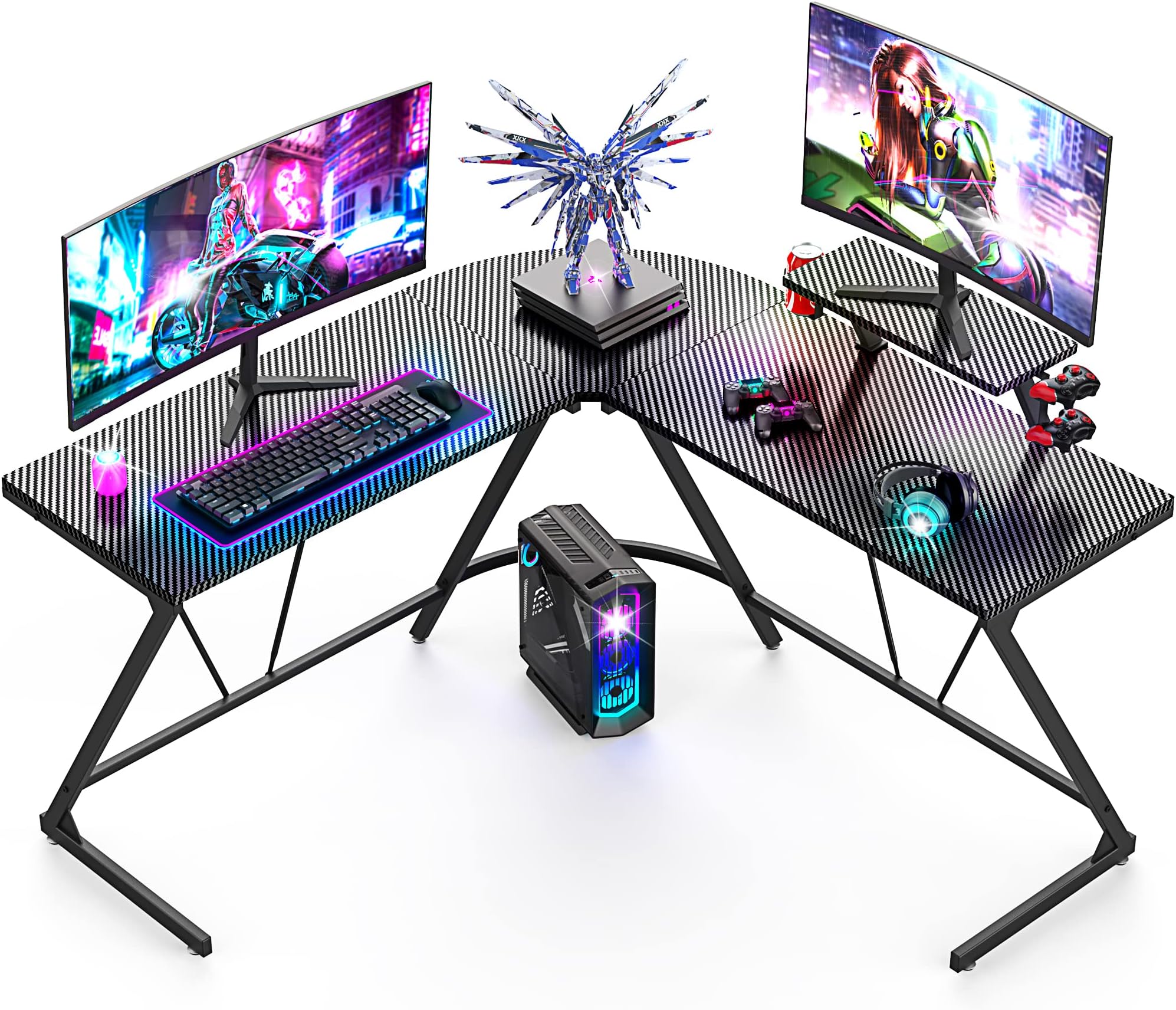 Mr IRONSTONE L Shaped Corner Computer Desk 50.8'' With Durable Carbon Fiber Surface, Home Office Desk with Large Monitor Metal Stand, Cup Holder/ Headphone Hook(Powder Coated,MDF Board,Black)