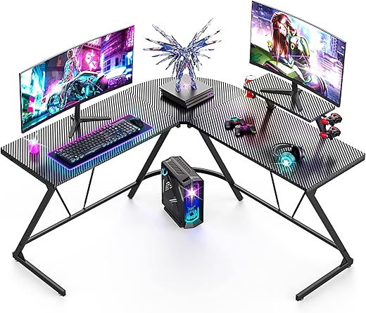 Mr IRONSTONE L Shaped Corner Computer Desk 50.8'' With Durable Carbon Fiber Surface, Home Office Desk with Large Monitor Metal Stand, Cup Holder/ Headphone Hook(Powder Coated,MDF Board,Black)