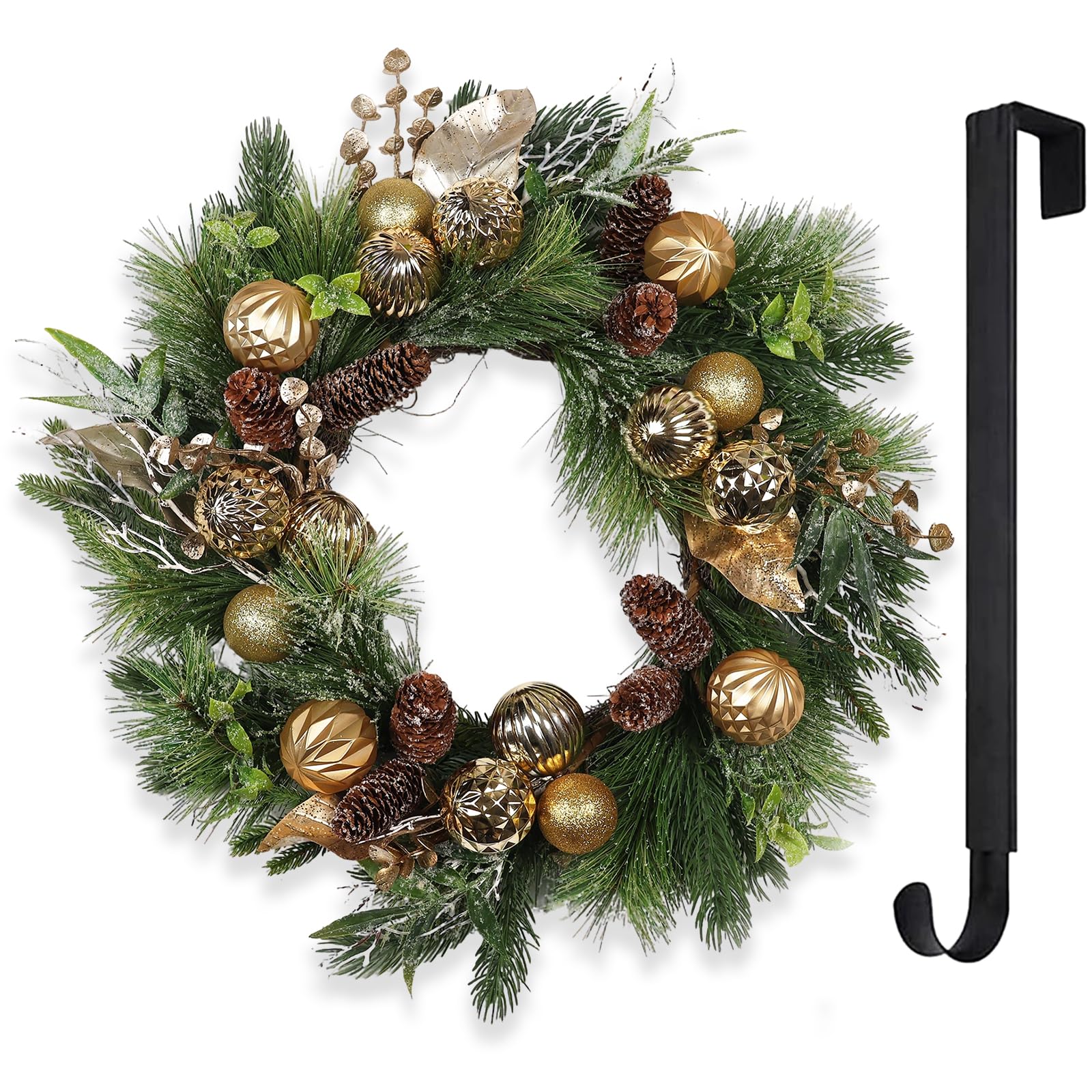 24” Christmas Wreath for Front Door with Lights Hanger Golden Ball Artificial Frosted Evergreen Pine Cones Gilded Forest Foliage Winter Outdoor Décor Indoor Wall Decorations
