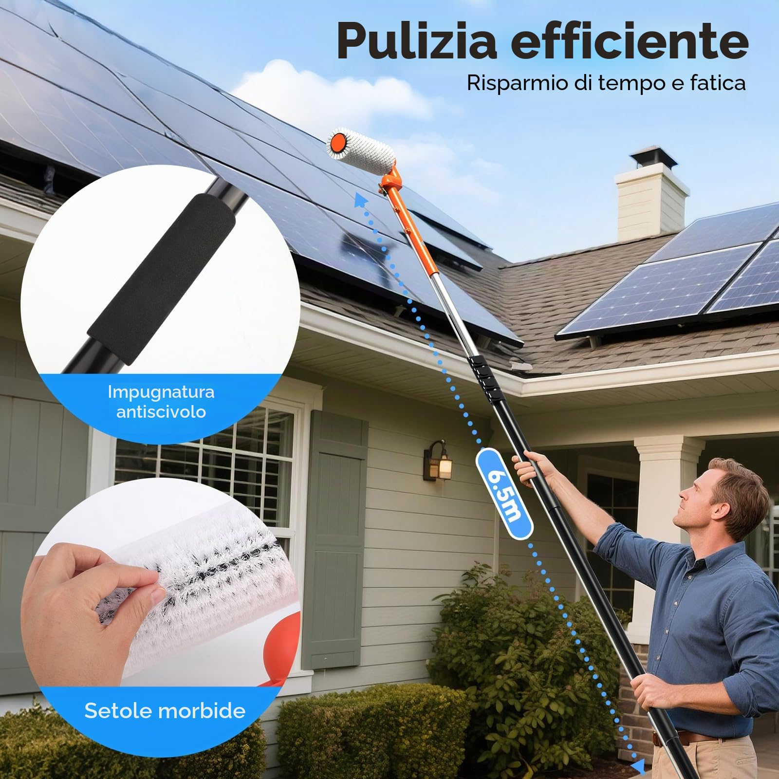 Kit di pulizia per pannelli solari elettrici da 6,2 m, palo estensibile per la pulizia delle finestre, palo telescopico a 5 fasi, spazzola per la pulizia delle finestre a 2 velocità per tetti di