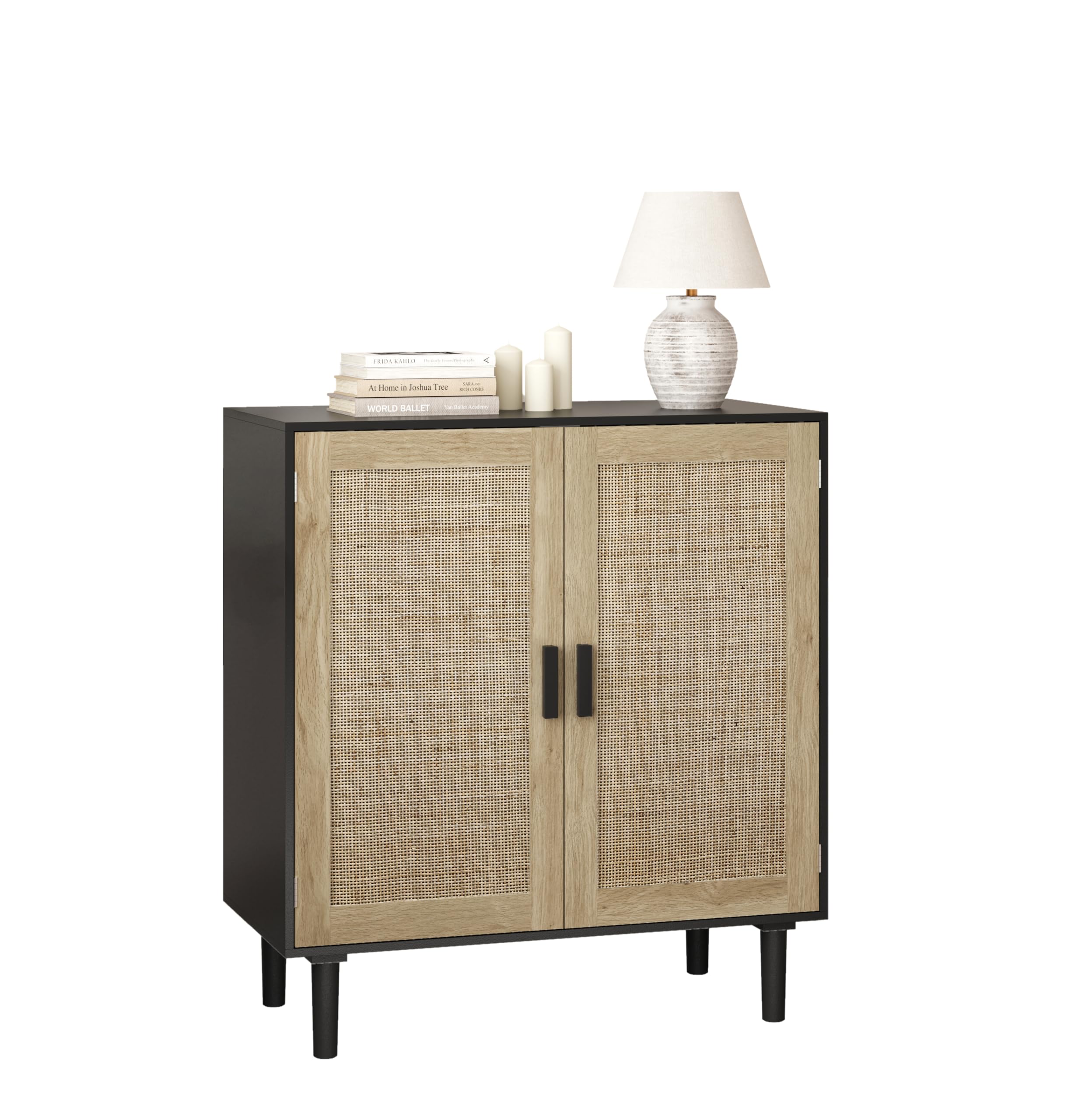 Sideboard Rattan, 2 Türen, Magnetverschluss, Kippschutz, schwarz, stabil | Kommode aus MDF mit Rattan-Fronten, Massivholzgriffen und viel Stauraum, für Wohnzimmer, Esszimmer und Diele