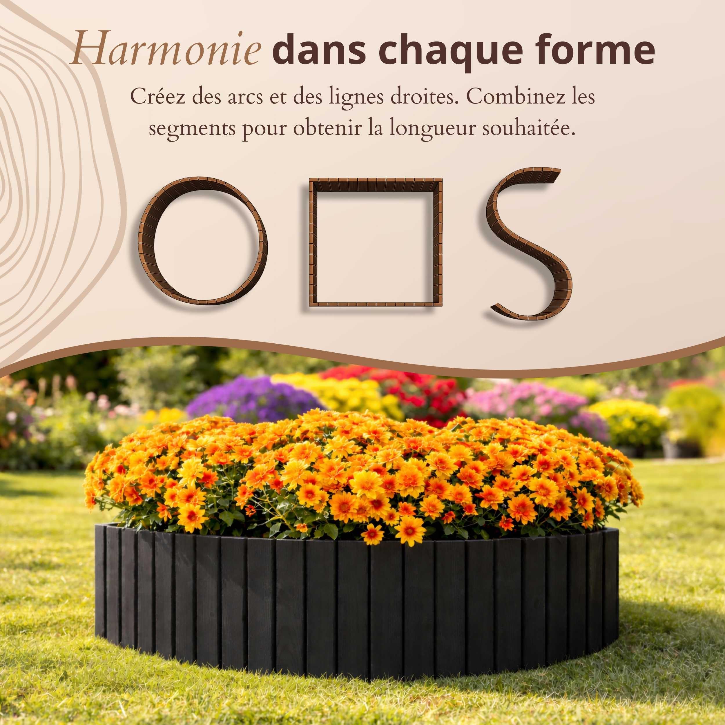 Floranica Bordure de Jardin en Bois Flexible 40 x 200 cm Noir avec piquets, idéale pour délimiter pelouse et massifs de Fleurs