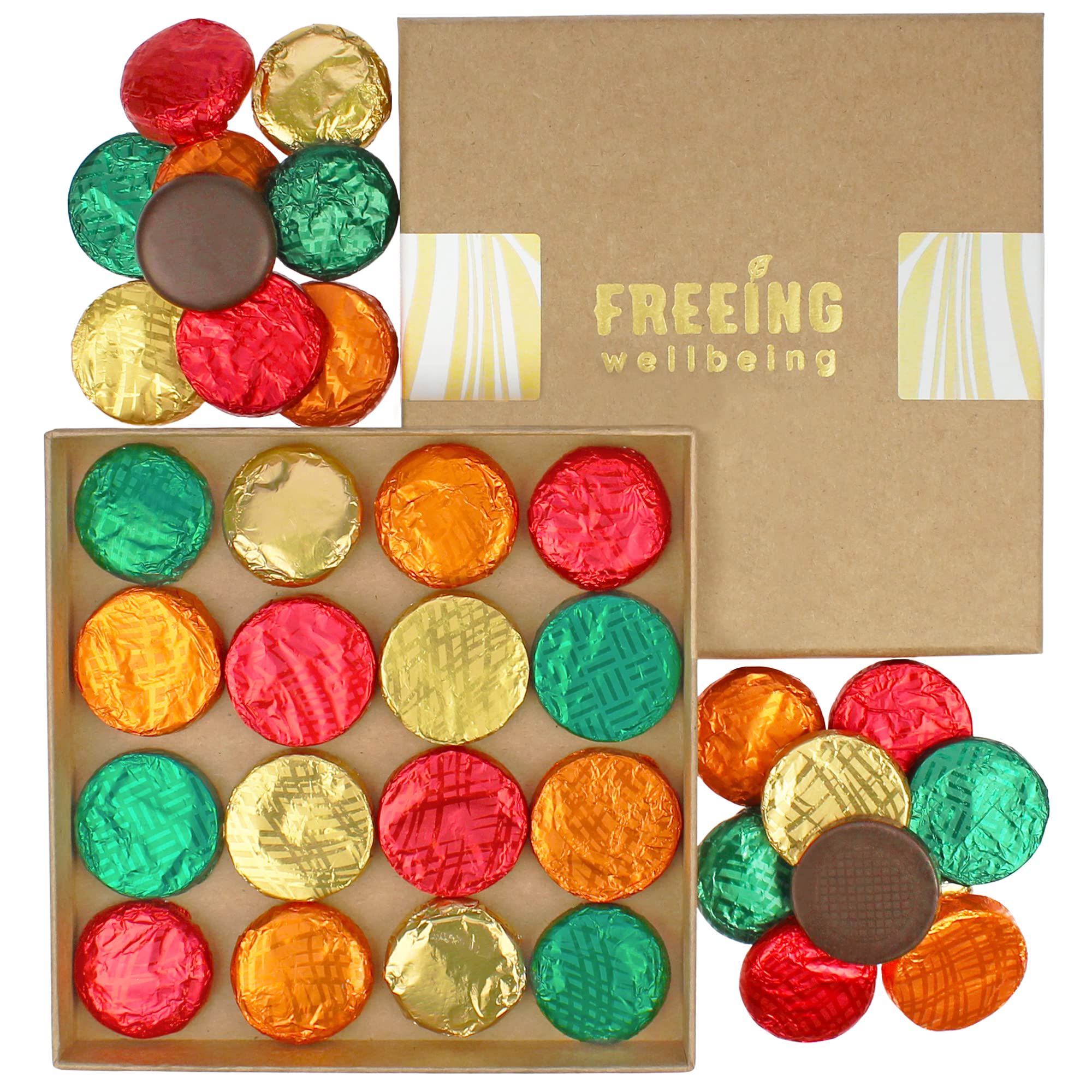 Freeing Wellbeing Luxury Vegan Chocolate Selection Box Gift - 32 Dark Chocolates & Creams - 8 Flavours - 235g - Gluten, Dairy & Palm Oil Free