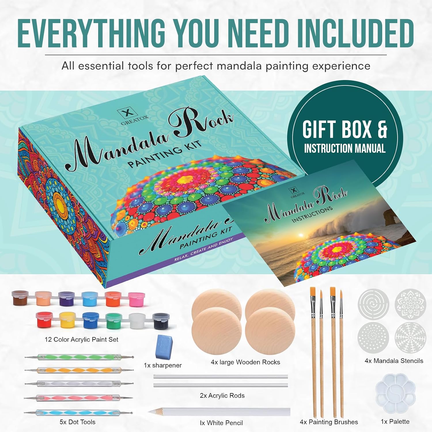 GREATOX Mandala Painting Kit for Adults – Wooden Rock Art Kit with Dotting Tools, Dot Paint Brush, Stencils & Acrylic Paints, DIY Craft Gift for Women & Beginners