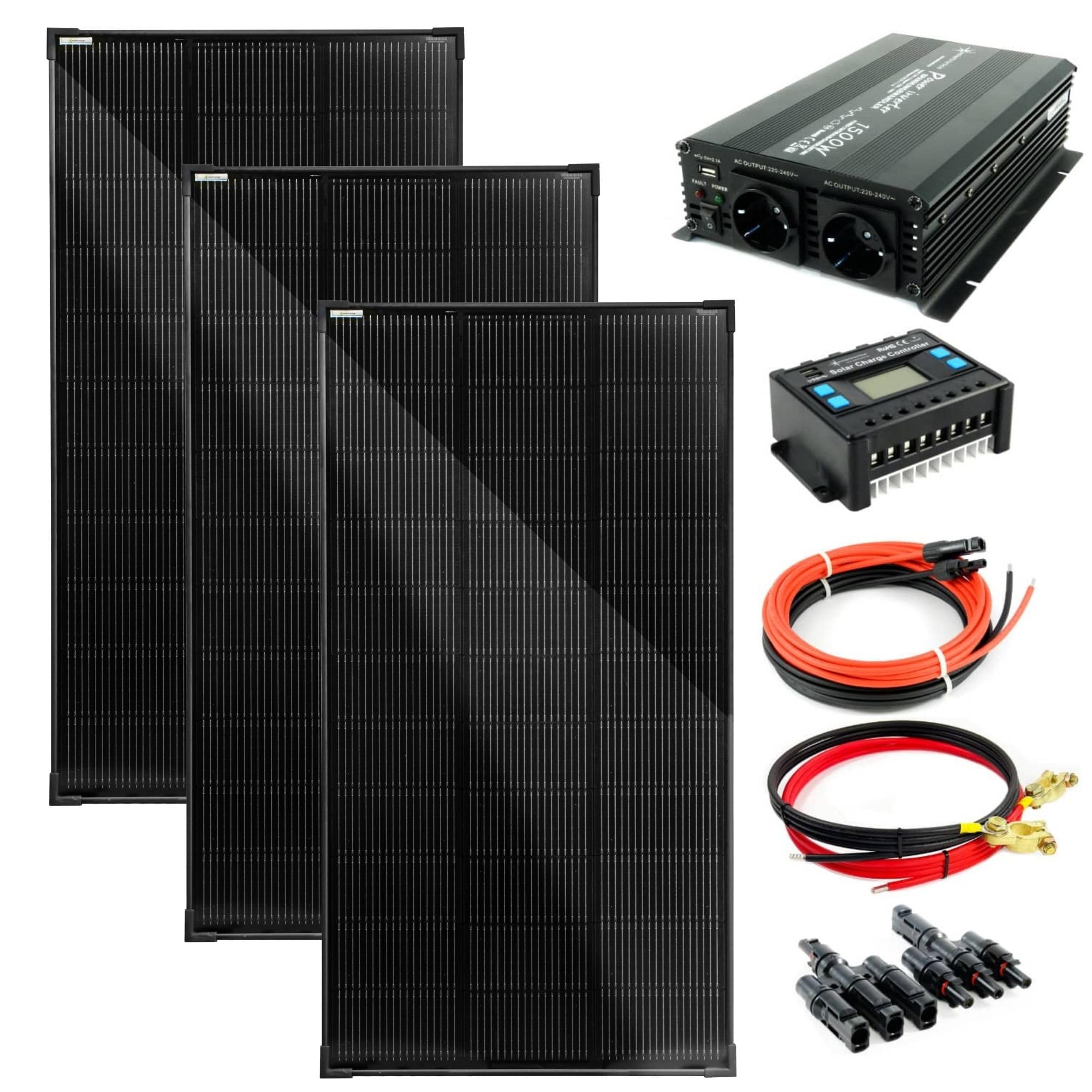 SOLARTRONICS Komplettset 3x120 Watt Solarmodul 1070x580x35, NM 1500W Wandler + 30A Laderegler + Solarkabel + 3-fach Solarstecker Photovoltaikanlange Inselanlage Wohnmobil