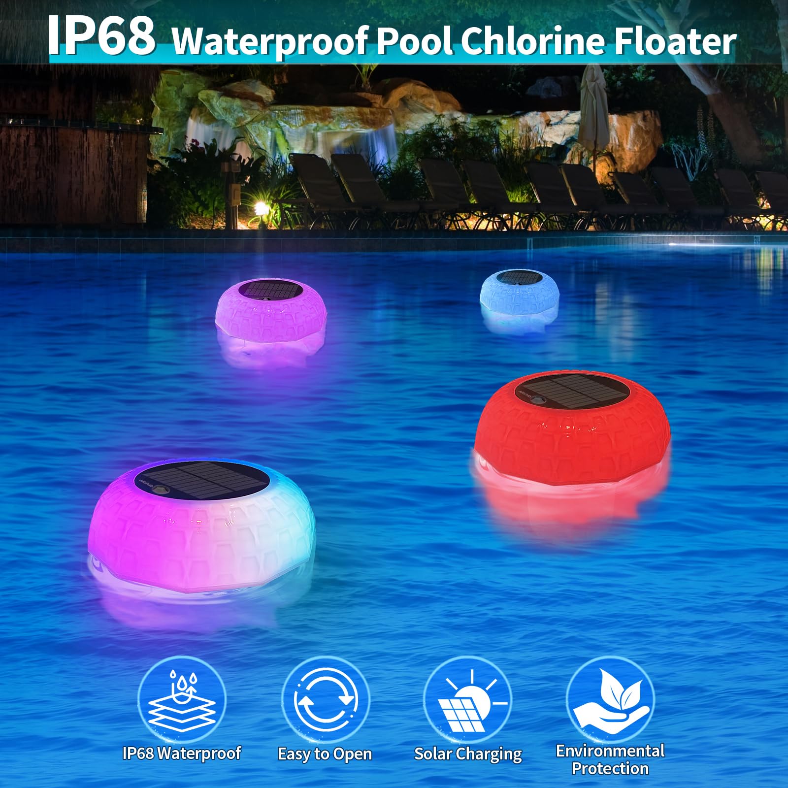 Qoolife Galleggiante per cloro da piscina con luce solare, galleggiante per compresse di cloro per piscina da 1 e 3, dispenser di cloro galleggiante Qoolife Galleggiante per cloro da piscina con luce solare, galleggiante per compresse di cloro per piscina da 1 e 3, dispenser di cloro galleggiante