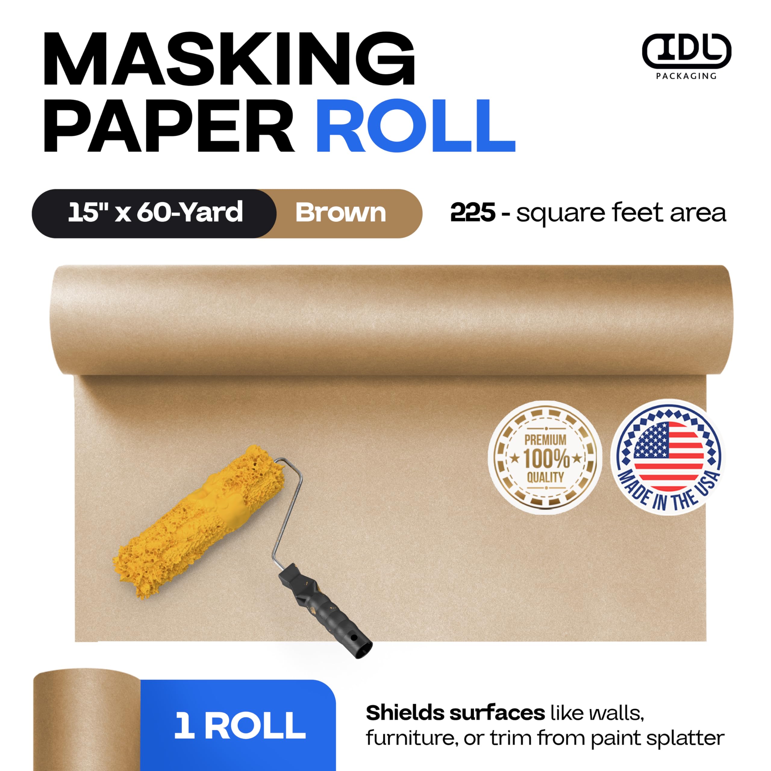 IDL Packaging Rollo de papel de enmascarar marrón de 15 pulgadas x 60 yardas para cubrir el área, papel de pintura de enmascaramiento natural para proteger las superficies, perfecto para mejoras del