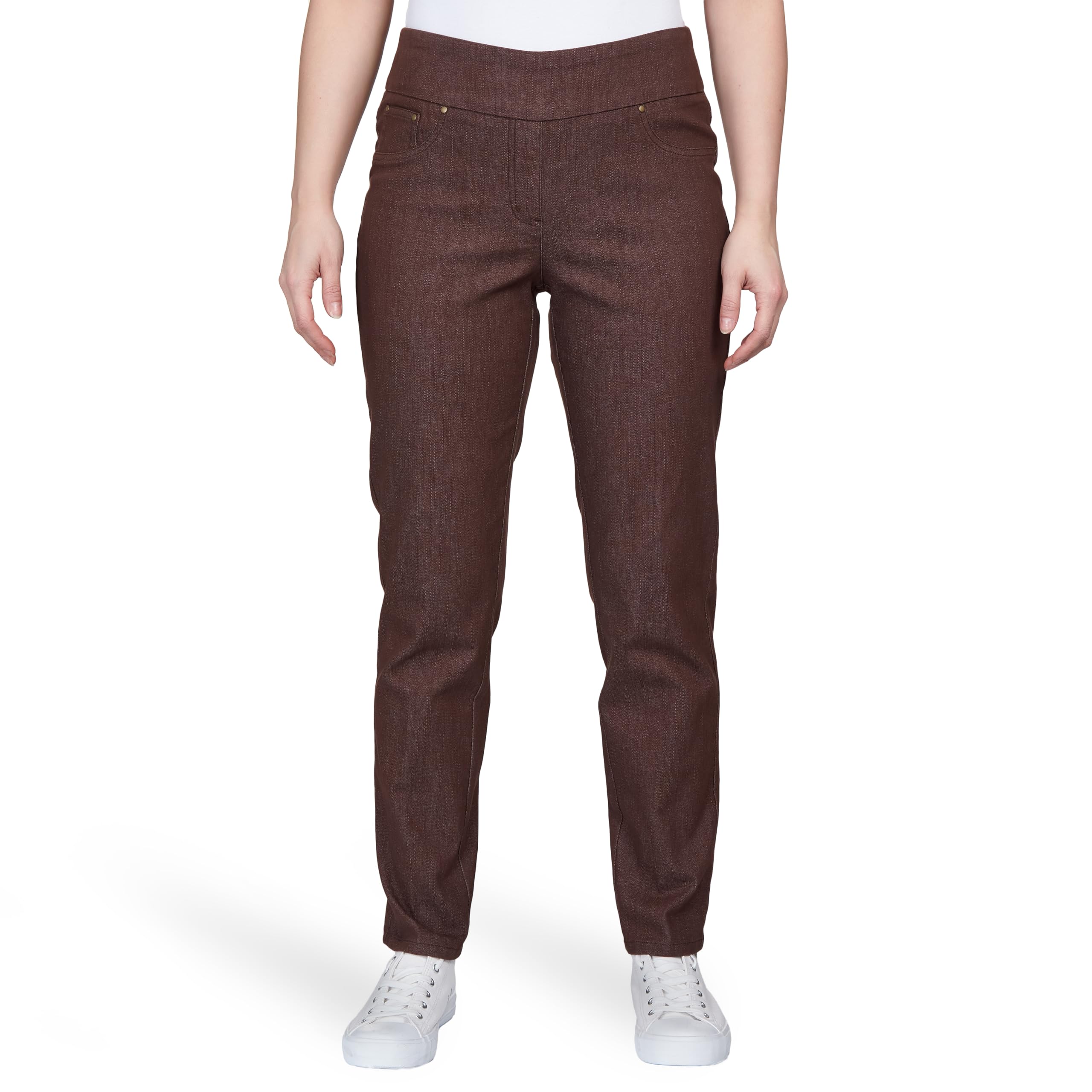 Ruby Rd. Womens Womens Petite Mid-Rise Pull-on Straight Extra Stretch Denim Pant