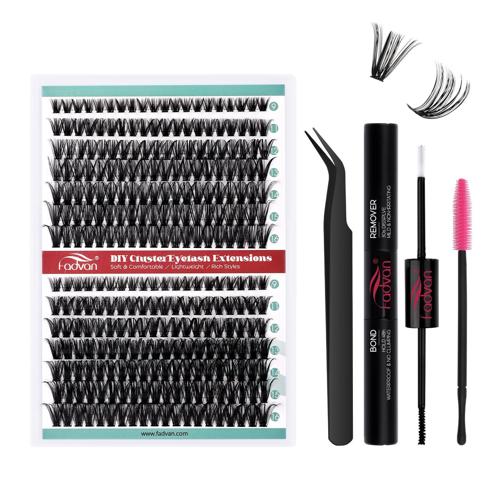 FADVAN Kit Pestañas Individuales 280Pcs Rizo D 50D+60D Pestañas en Racimo Cluster Mix 9-16mm Pestañas Pelo a Pelo Kit de Extensión de Pestañas Postizas(50D+60D-0.07D, 9-16mm)