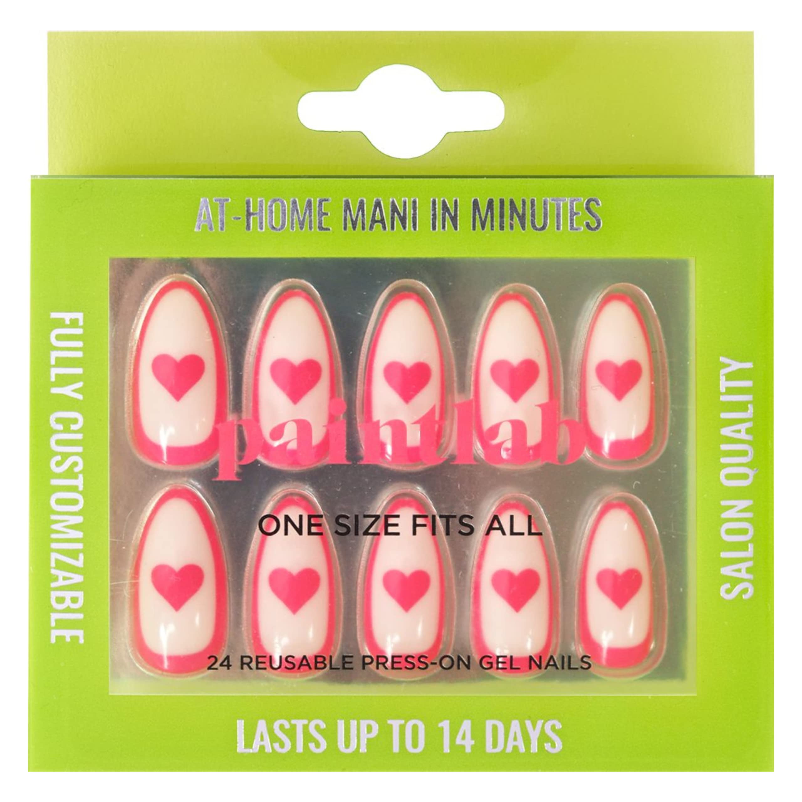 PaintLabPress On Nails, 24 Piece Fake Nails Kit Plus Nail Glue, Nail File, Prep Pad and Cuticle Stick, Gel Nail Kit for Women and Girls, Heartbeat