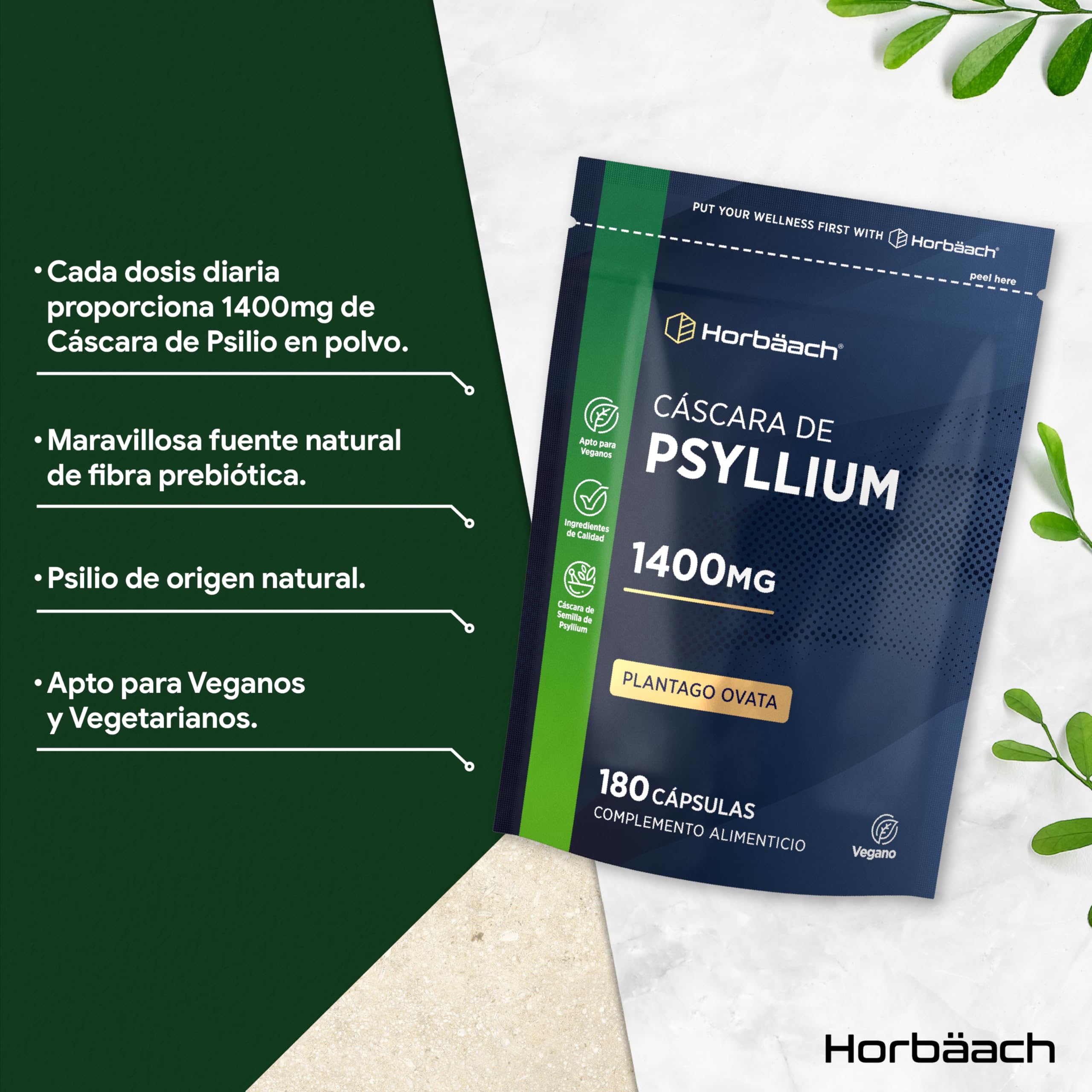 Psyllium Husk 1400 mg | Cáscara de Psyllium | 180 Cápsulas Veganas | Fibra de Psilio | Suplemento Fuente de fibra | Prebiótico Natural | Horbaach
