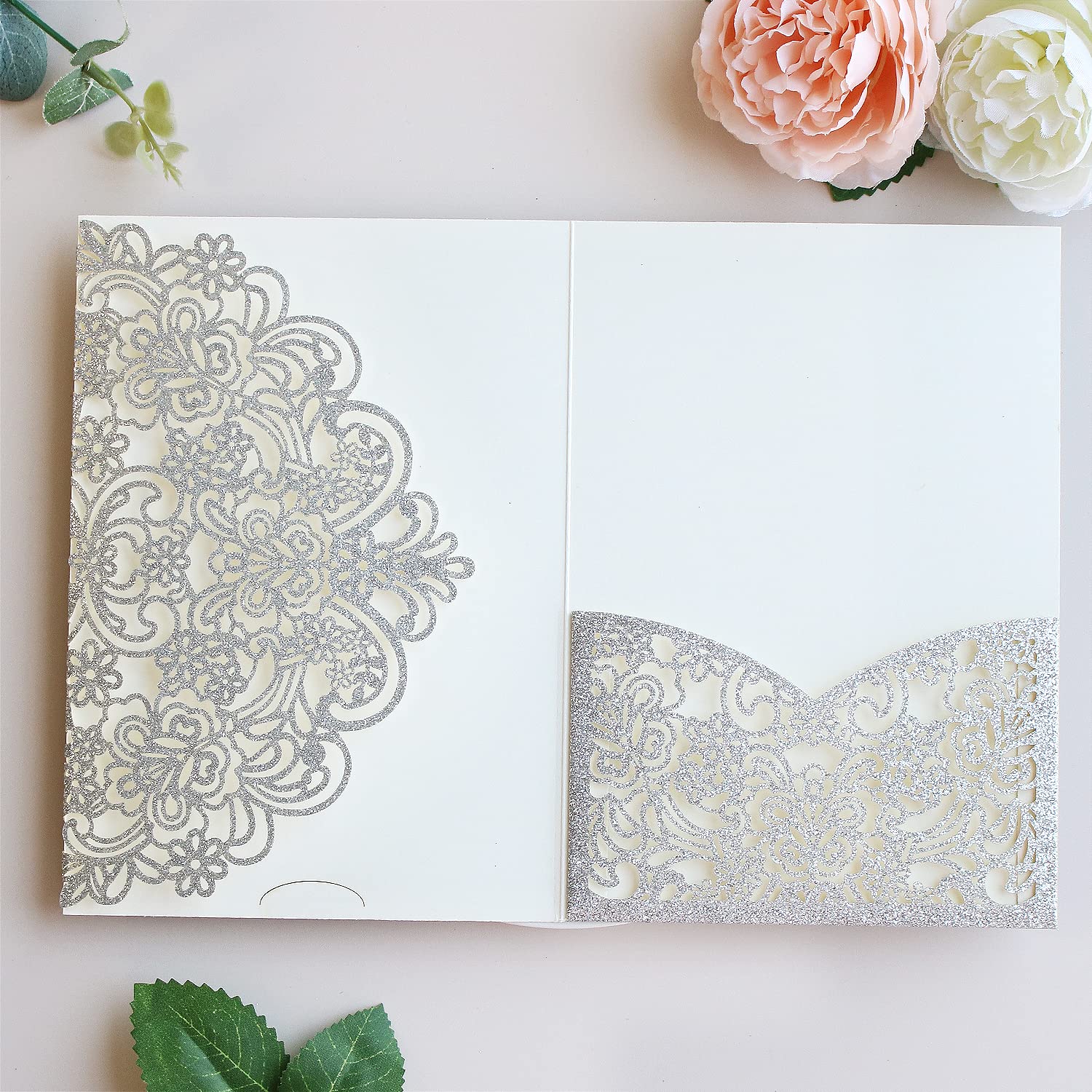 Hosmsua50PCS Silver Glitter Laser Cut Quinceanera Invitation Pocket, 5.12 x 7.2 Laser Cut Flora Invitation Pockets with Envelopes for Wedding Bridal Shower Quince Invite (No Inner Sheet)