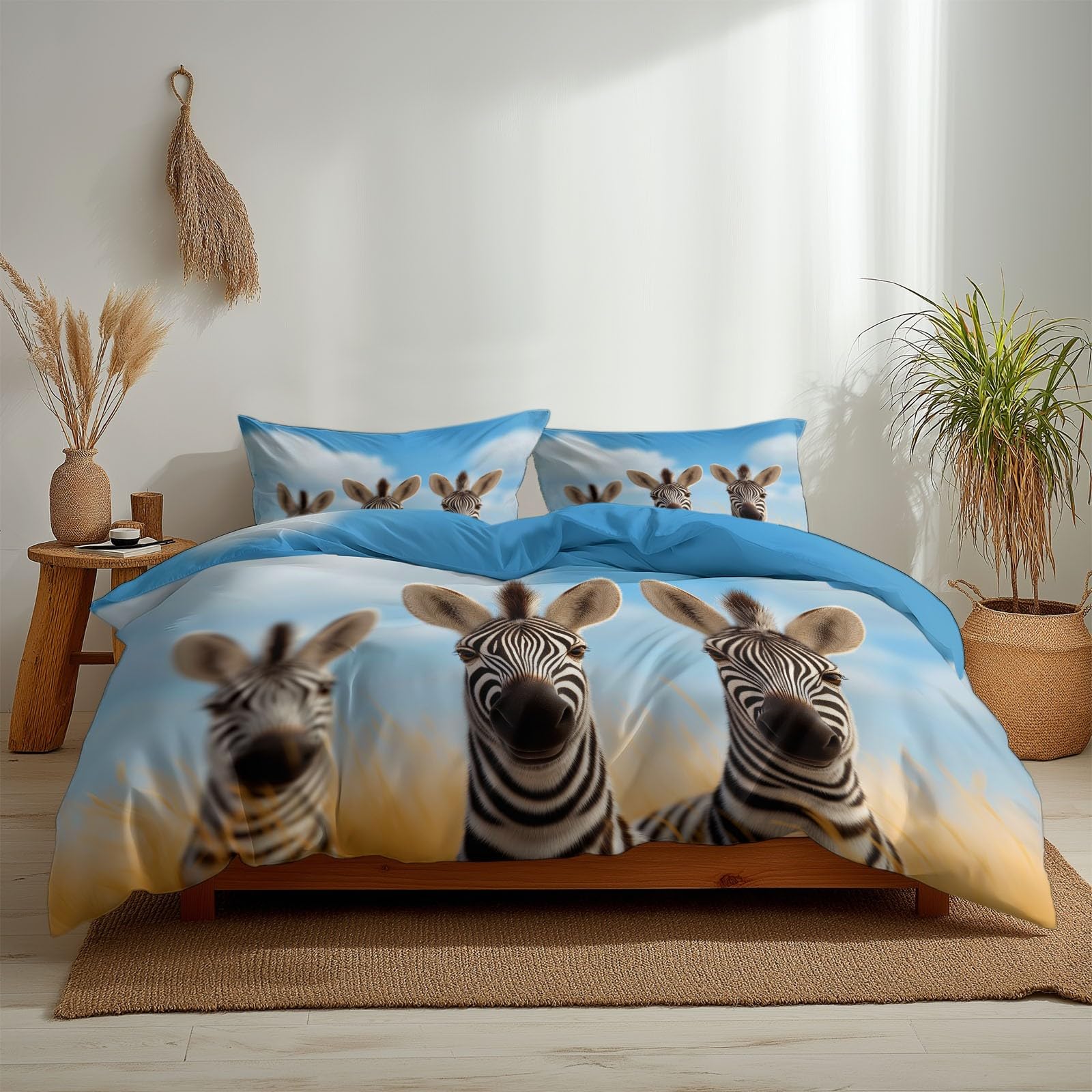 Generisch Niebieska pościel z kreskówki, zebra, poszewka na kołdrę z nadrukiem, 220 x 240 cm, łatwa w pielęgnacji, 3-częściowa, szczotkowana mikrofibra, zamek błyskawiczny na wszystkie pory roku