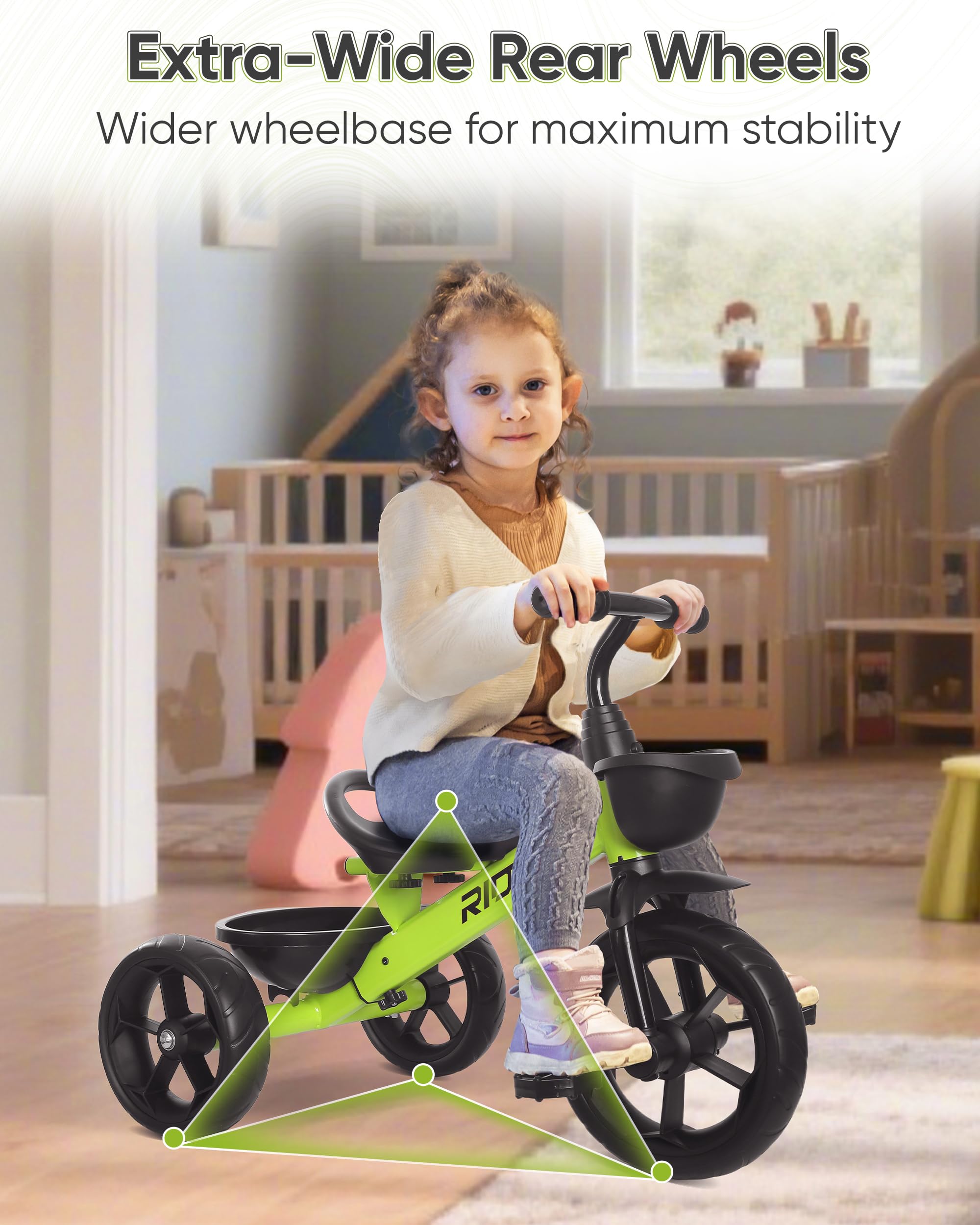 Triciclo para niños de 1.5 a 5 años, triciclo para edades de 2 a 4 años, distancia entre ejes trasera extra ancha para estabilidad, triciclos para niños de 1 a 3 años con cestas de 3