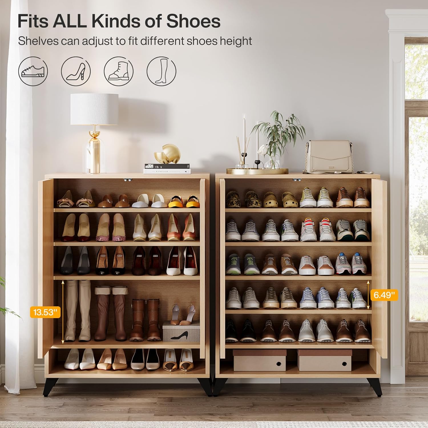 Tribesigns Shoe Cabinet with Doors, 6-Tier Entryway Shoe Storage Cabinet with Adjustable Shelves, Modern Wooden Shoe Organizer Cabinet for Living Room, Bedroom, Natural