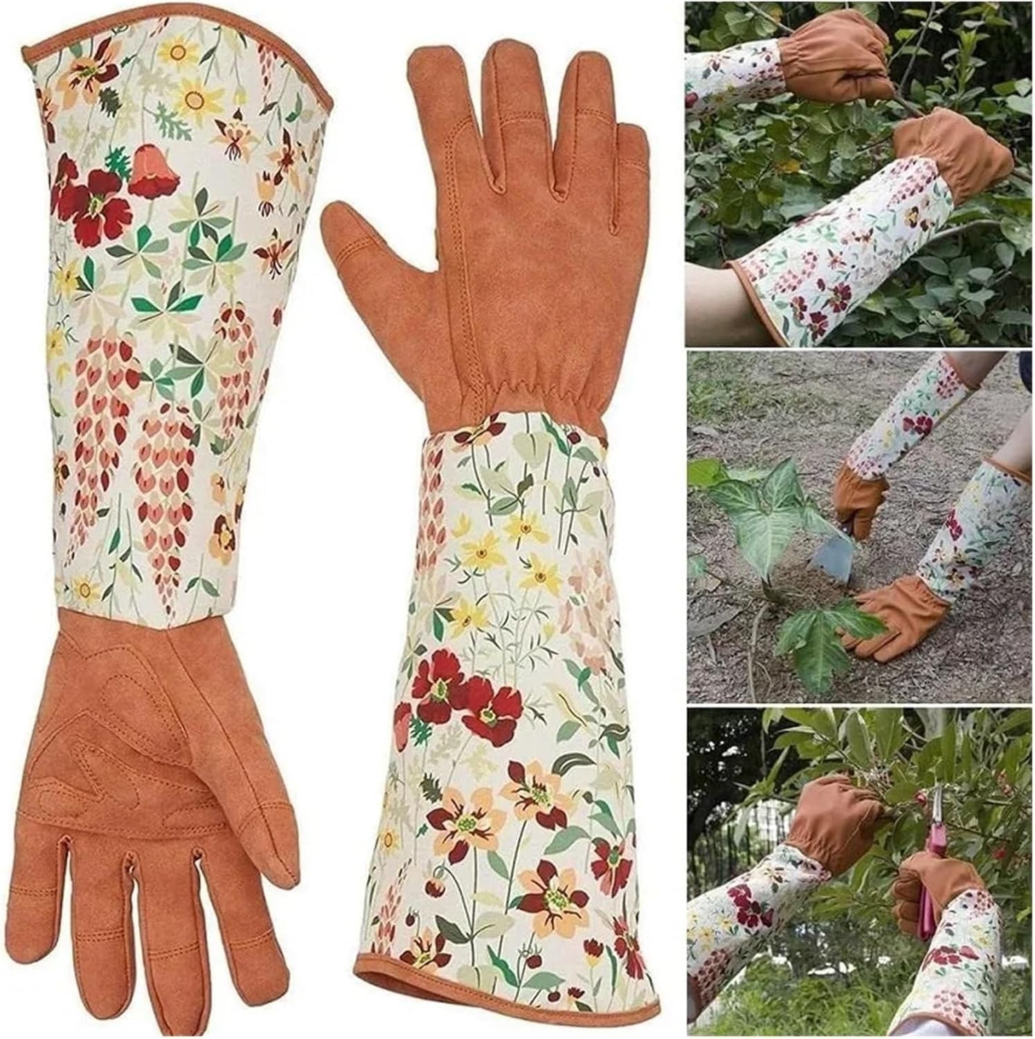 Guanti da Giardinaggio, Guanti Lunghi da Giardinaggio Stampa Floreale in Pelle Sintetica Unisex Multicolor(Brown Sheepskin)