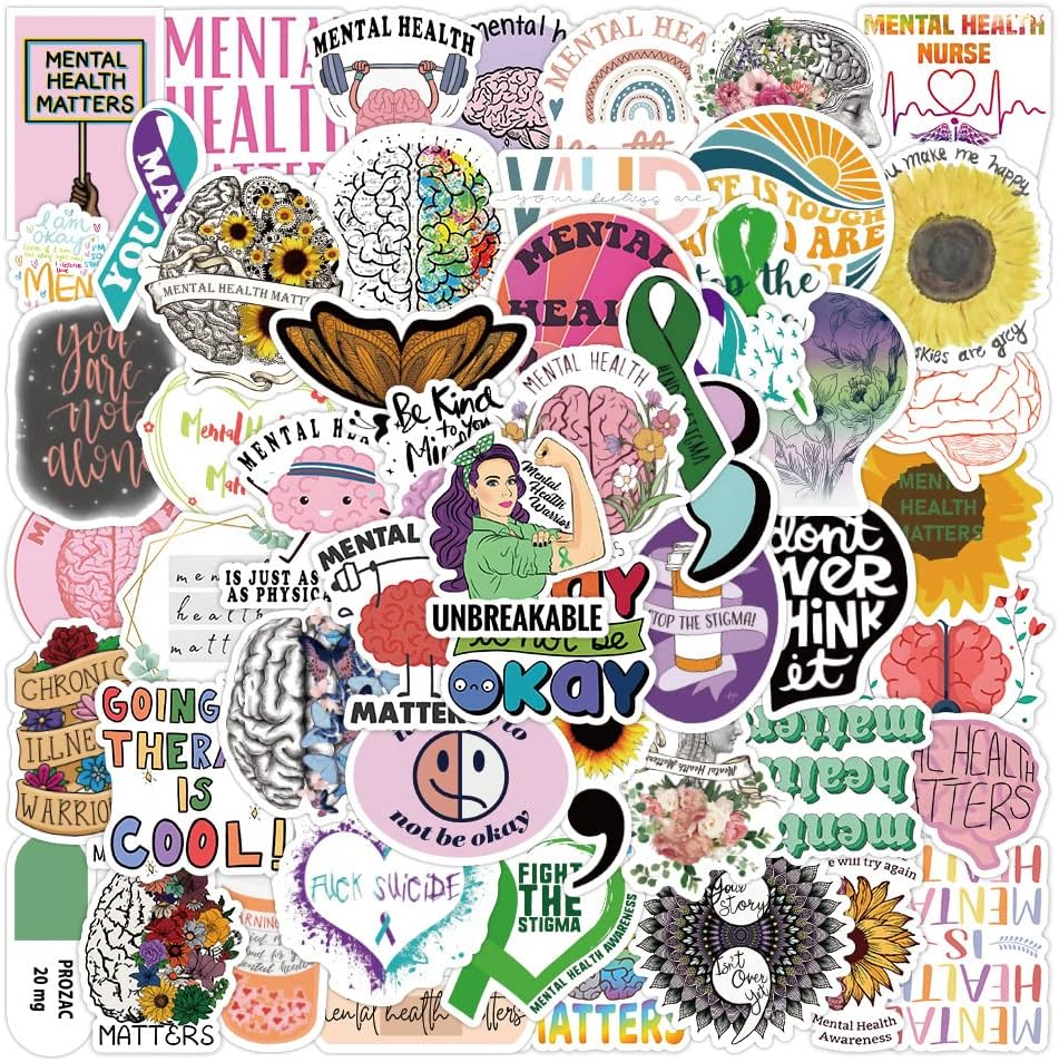 100Pcs Mental Health Awareness Stickers Pack, Aesthetic Trendy Vinyl Waterproof Stickers Decals for Laptop, Water Bottle, Skateboard, Phone, Journaling, presents for Kids Teens Adults
