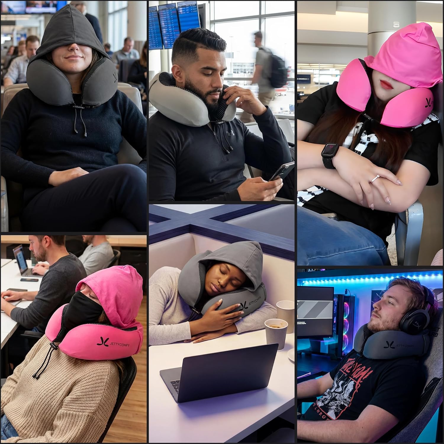 Premium Memory Foam Travel Neck Pillow with Hood and Face Cover for Privacy - Ergonomic Design for Sleeping on Plane, Bus, Train, Office (Pink)