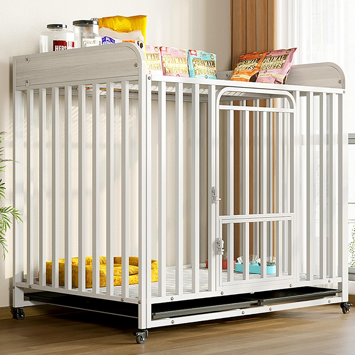 Heavy Duty Dog Crate, Escape Proof Dog Cage Kennel with Lockable Wheels, Dog Cage for Training Indoor Outdoor with Plastic Tray Double Doors & Locks Design(White,110x72x105cm)