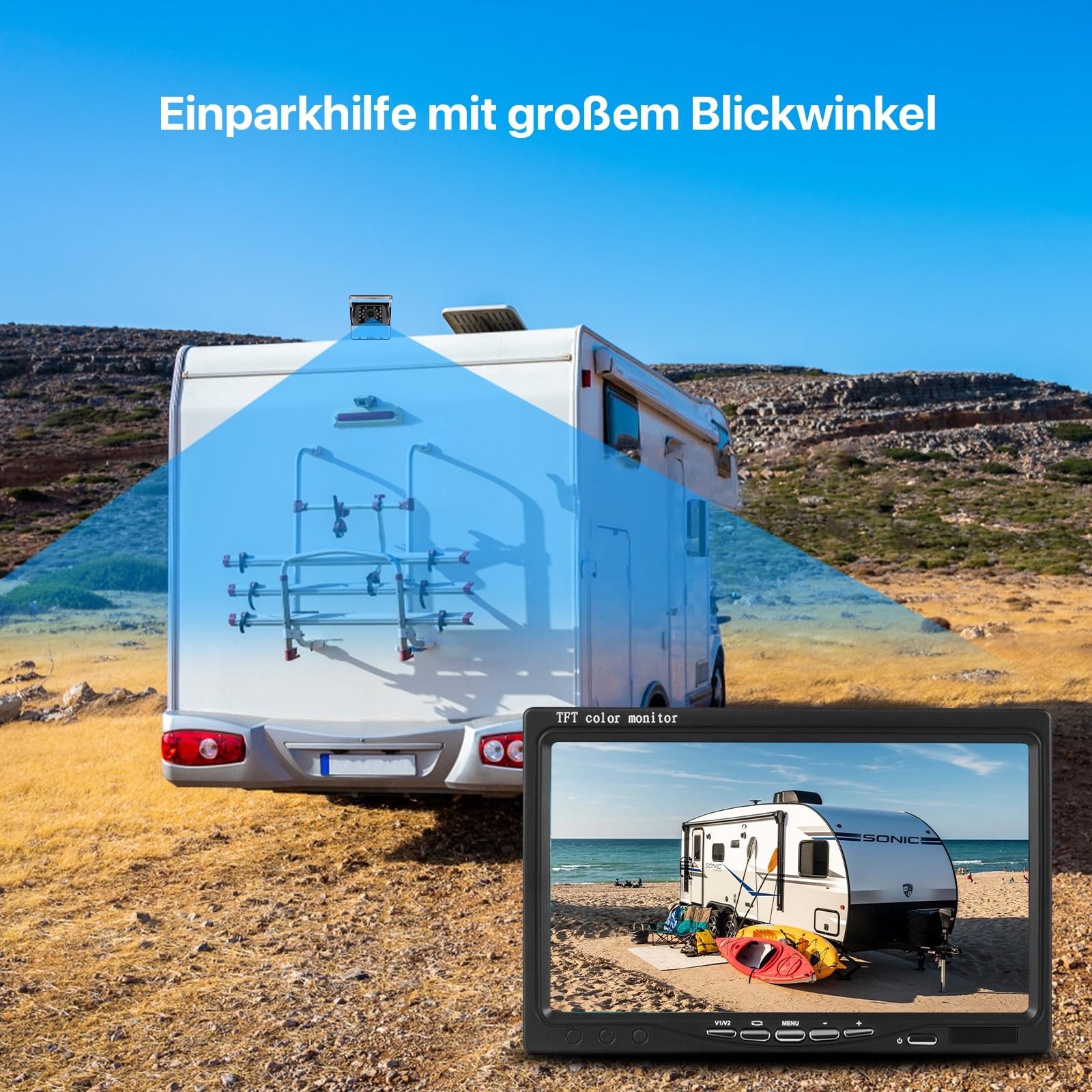 7 "1080P HD, visione notturna a infrarossi, IP69K, antipolvere, impermeabile, cavo da 15 m, supporta doppi canali, aiuto per parcheggio per camion/roulotte rimorchi