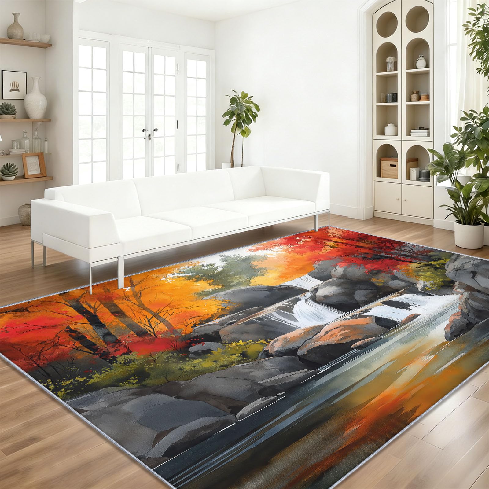 Campagne AutomnaleGris Rouge Tapis de Salon Poils Courts 140 x 200 cm