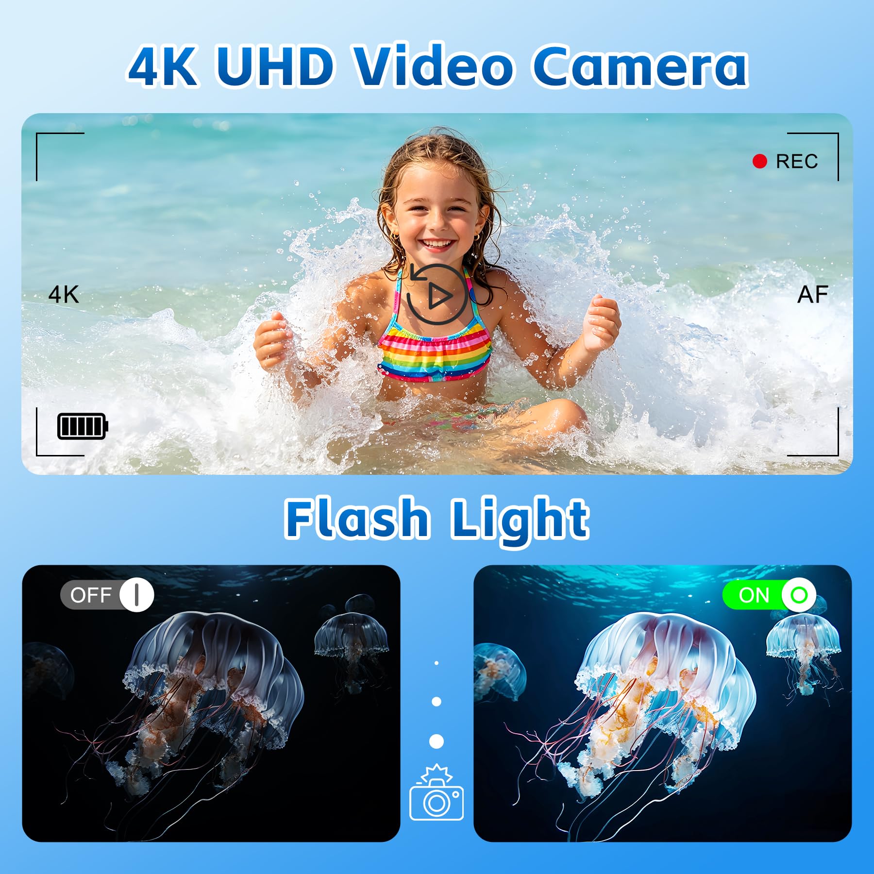 Fotocamera subacquea 4K 17FT Fotocamera impermeabile con scheda da 32 GB Autofocus da 48 MP Fotocamera subacquea per selfie a doppio schermo Fotocamera subacquea per snorkeling Fotocamera digitale