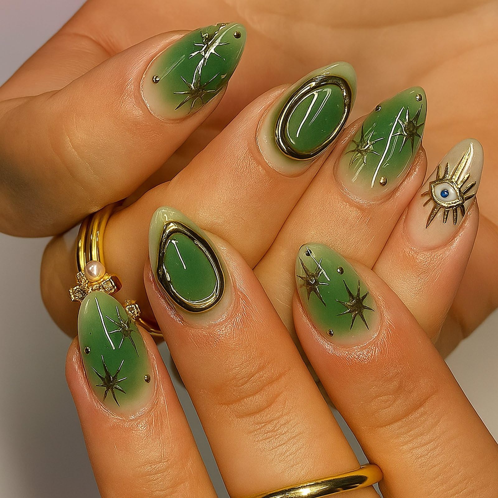 Luxury Gradient Green Almond False Nails with Gold Accents & 3D Floral Design - 24Pcs French Tip Press-On Glue On Nails Set with Metallic Beads & Glossy Finish for Women, Short Almond Shape