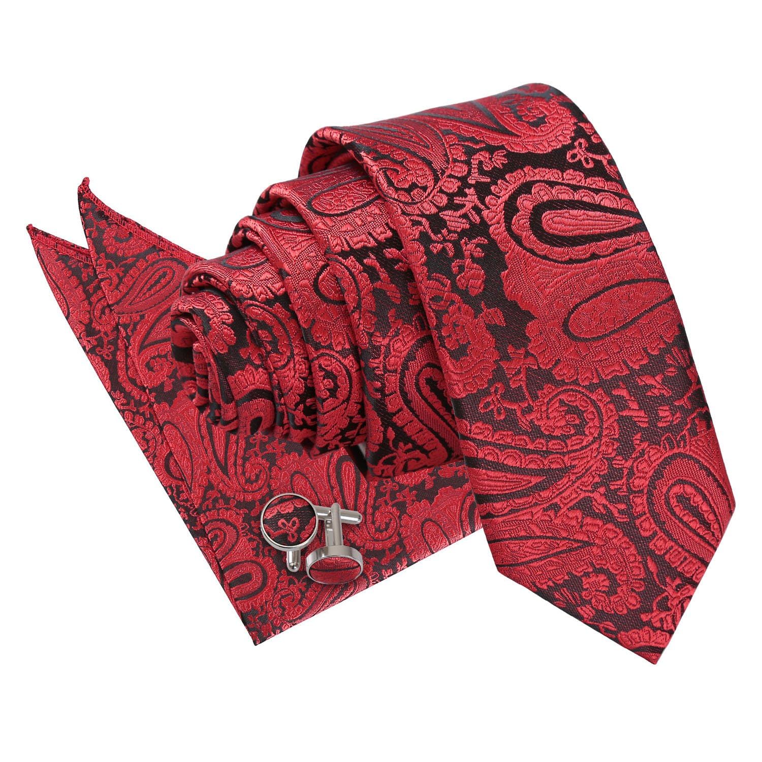 Dqt Men's Red & Black Paisley Floral Jacquard Skinny Tie, Pocket Square & Cufflinks Set (3Pc) - Wedding, Business & Formal