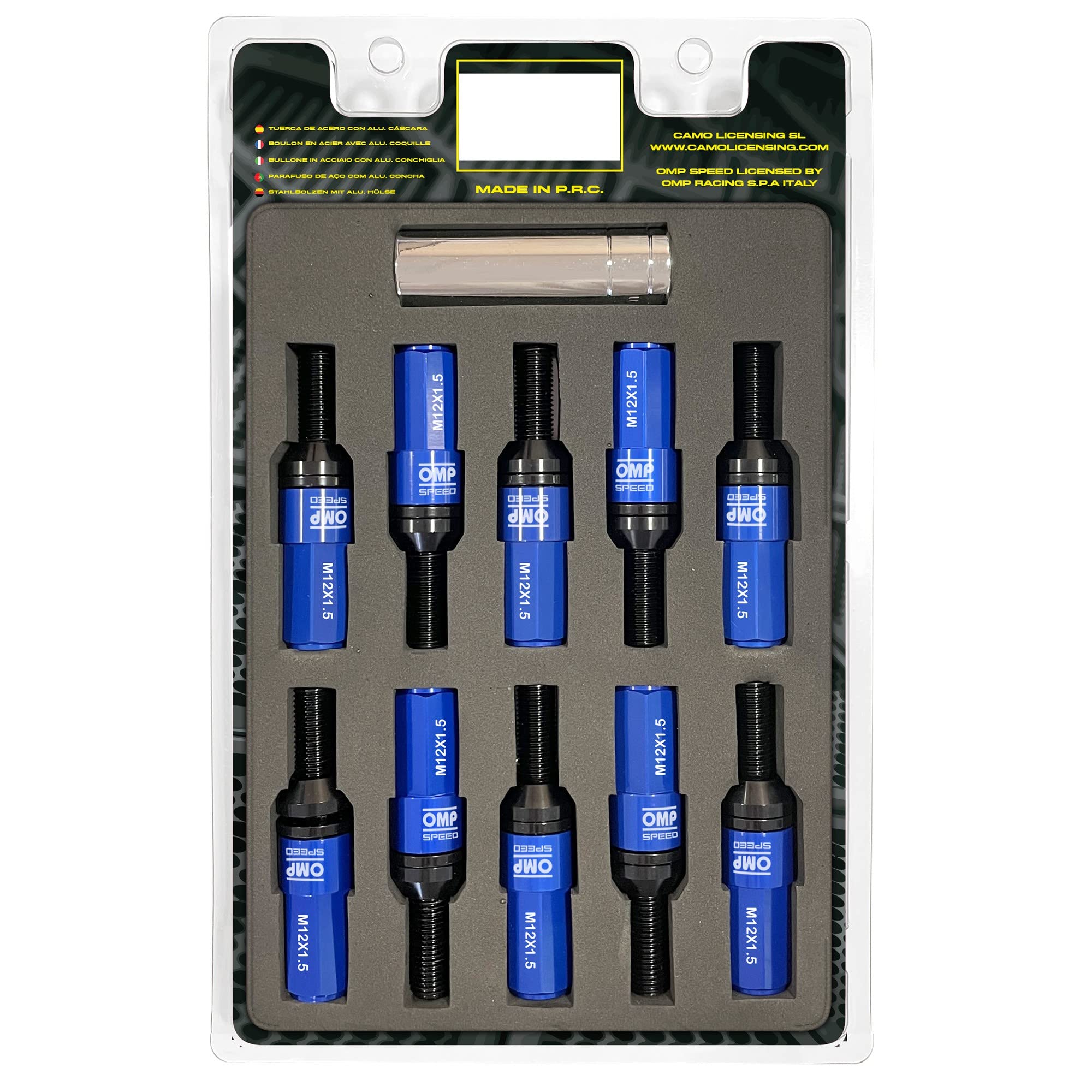 OMP Speed Juego de 20 Tornillos Acero con Protector de Aluminio de Colores M12X1.5 Llave de 17-19 Largo 28mm con Protector Azul de Aluminio 7075 + DIN 12.9