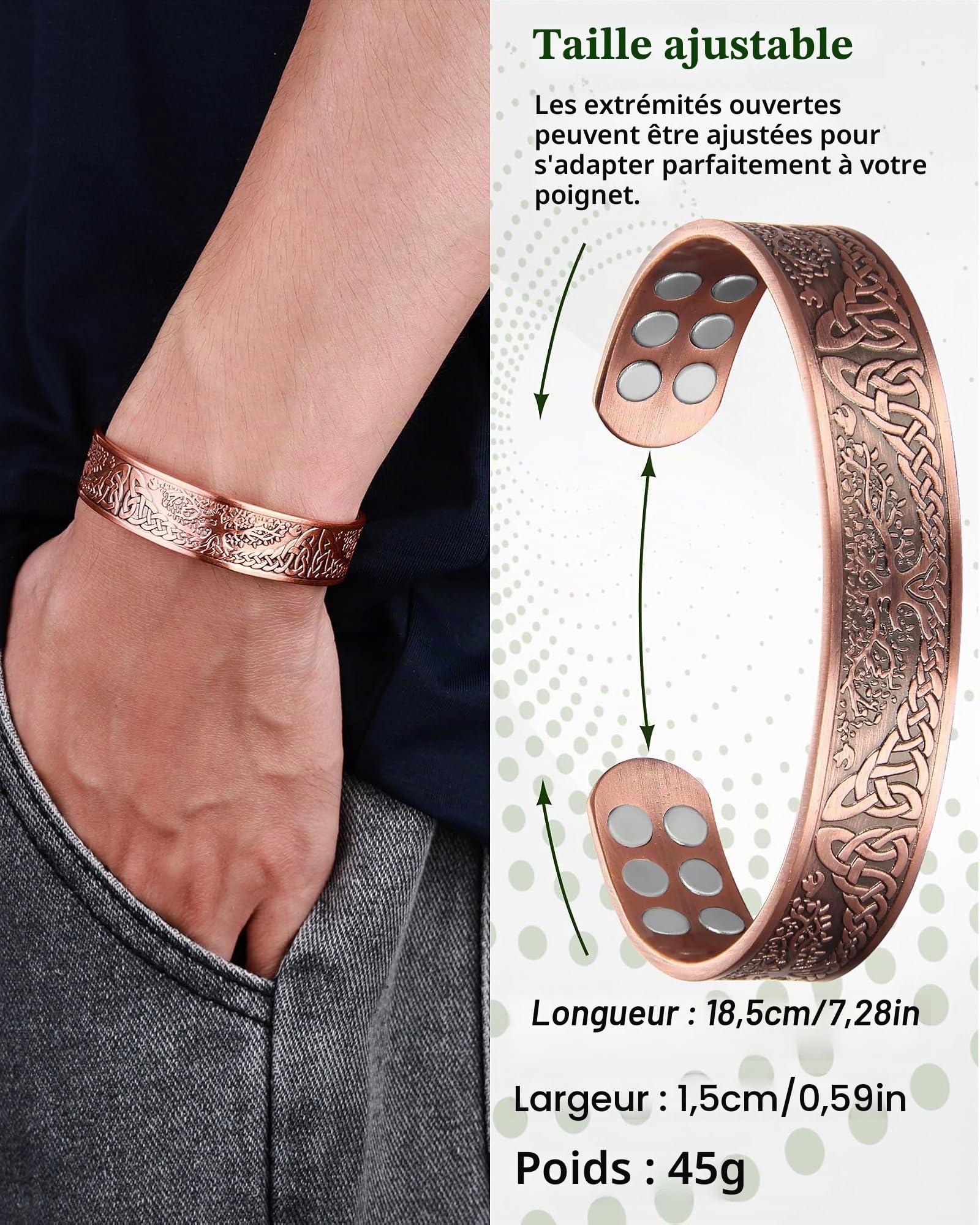 MagEnergy Bracelet en cuivre pour homme, bracelet magnétique avec 18 aimants, cuivre massif 99,99% pur, bracelet ajustable pour homme, idée cadeau (L'arbre de la vie), Eine Grösse, Cuivre
